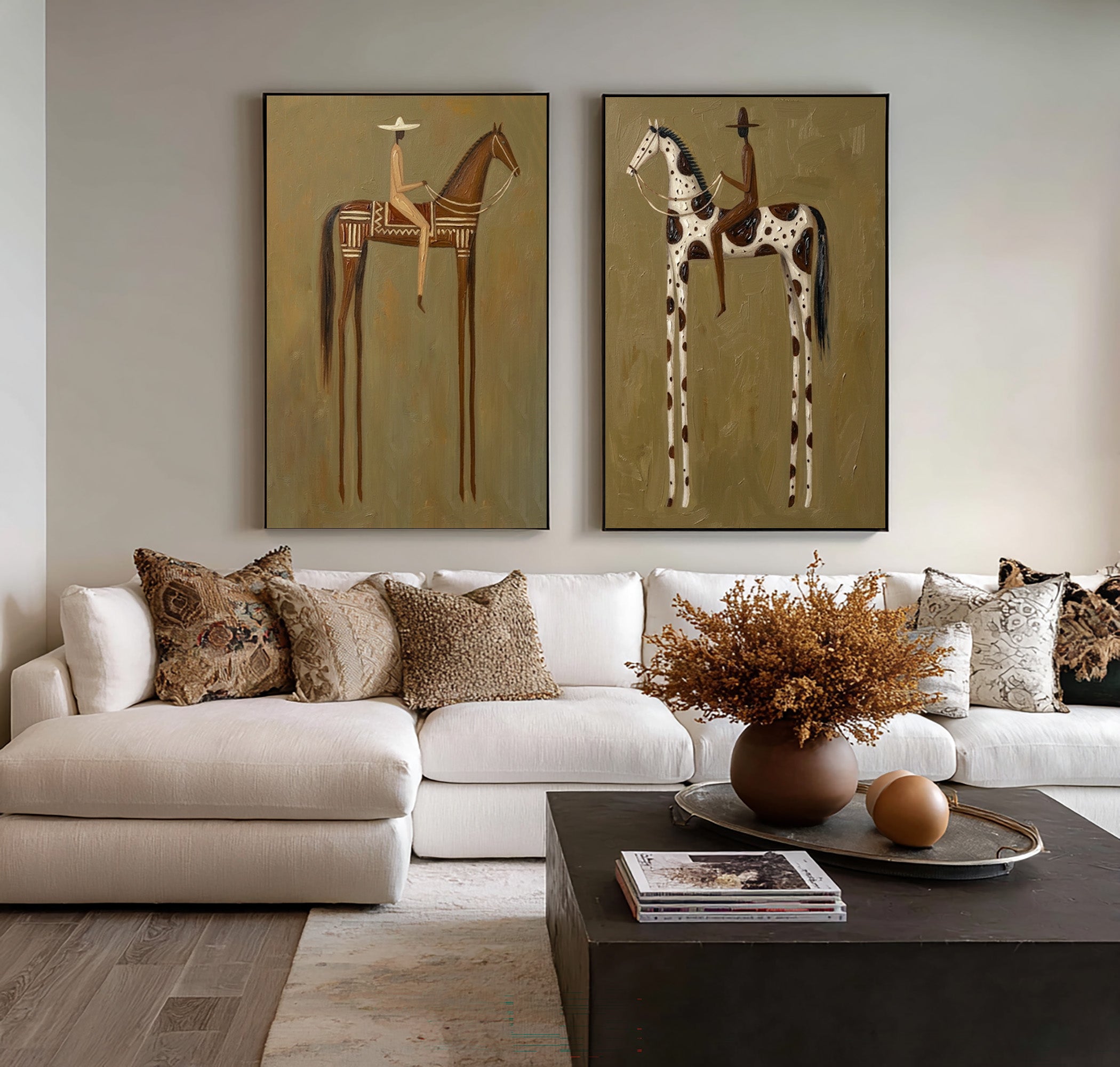 Large Cowboy Cowgirl Horse Wall Art Western Heritage Oil Painting Diptych | KeiraArt