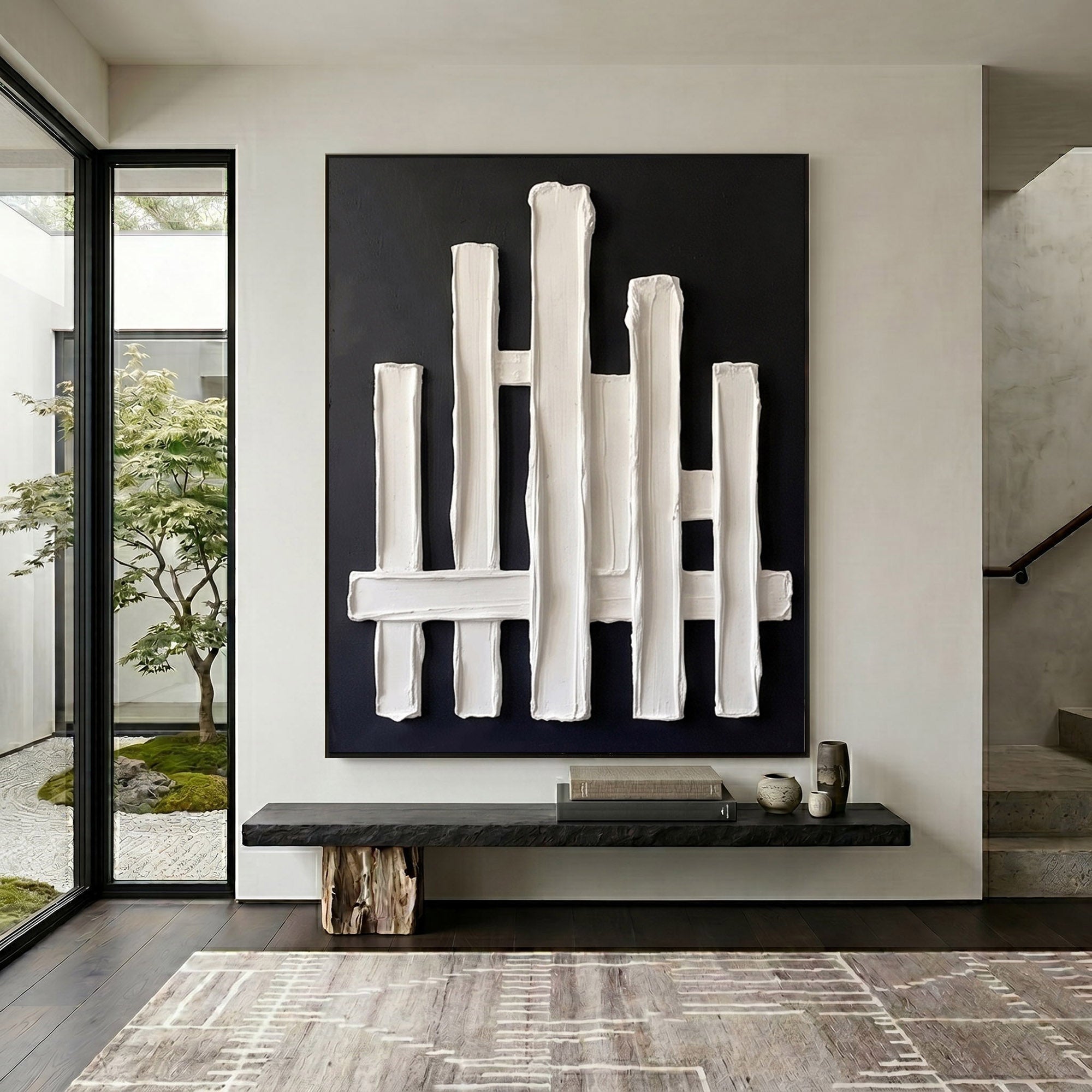 Large Abstract Textured Wall Art Black Plaster Painting Sculptural Modern Minimalist Luxury Interior Decor