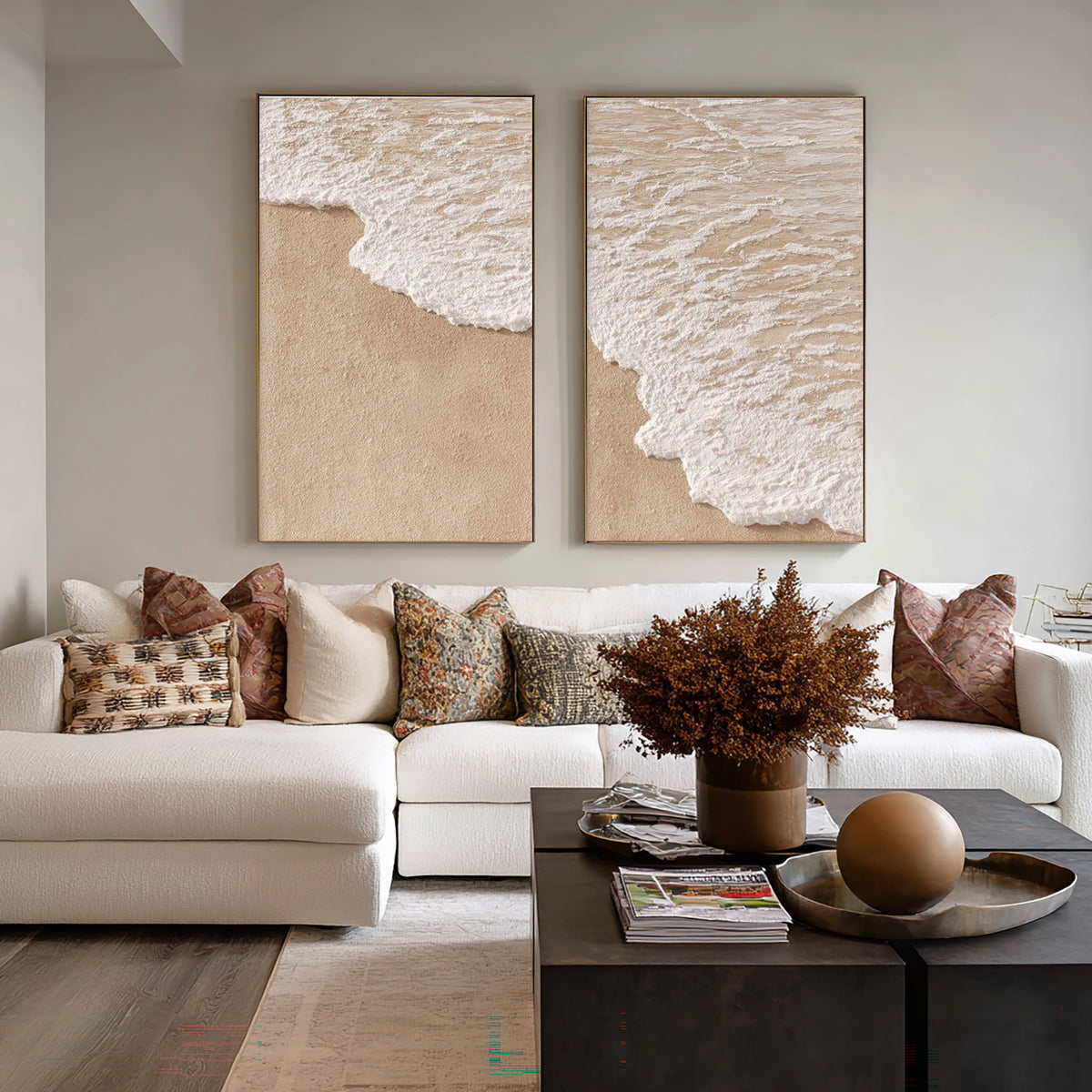 Coastal Forms In Quiet Motion Large Textured Diptych Coastal Wall Art Neutral Abstract Ocean Artwork