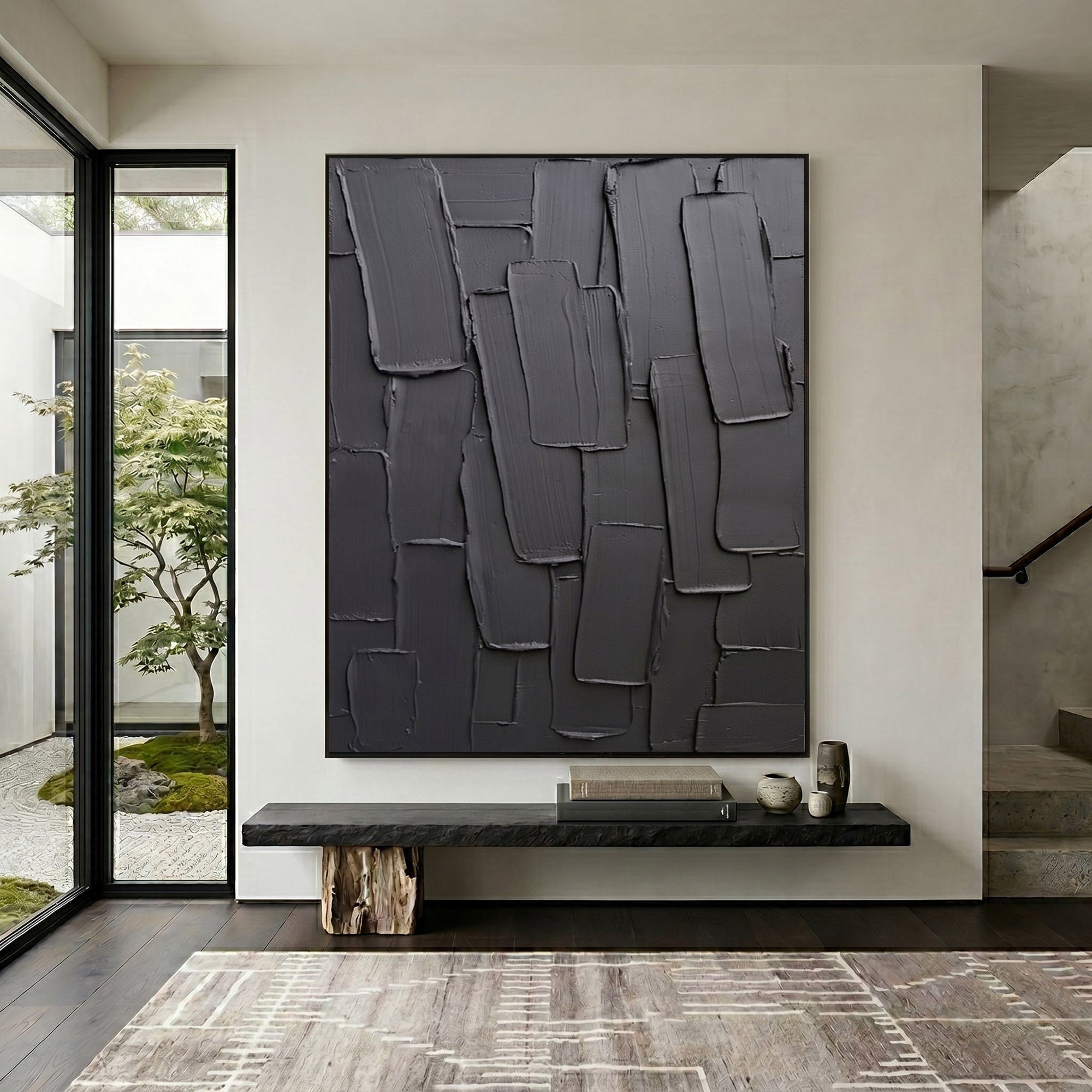 Large Charcoal Textured Wall Art Abstract Oil Painting Modern Impasto Minimalist Luxury Interior Decor
