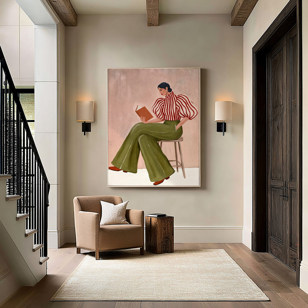 Large Textured Oil Painting Woman Reading Olive Green Trousers Fashion Wall Art