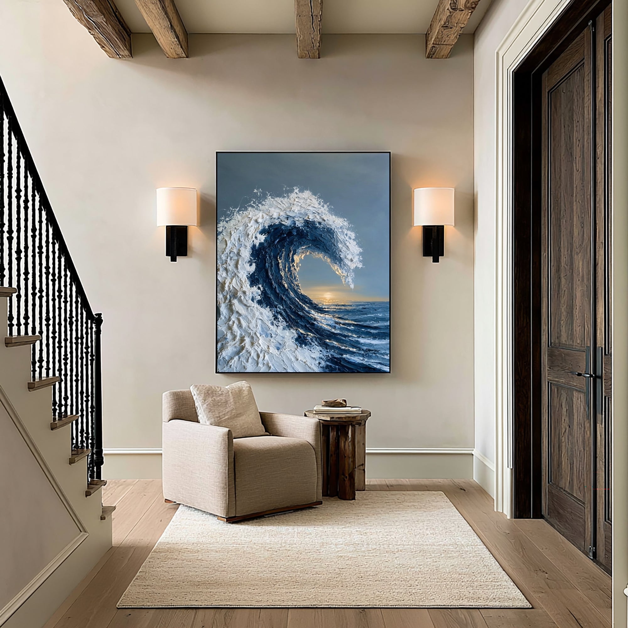 Large Textured Ocean Wave Wall Art Abstract Oil Painting Blue Sea Sunset Horizon Coastal Artwork Modern Home Interior Decor