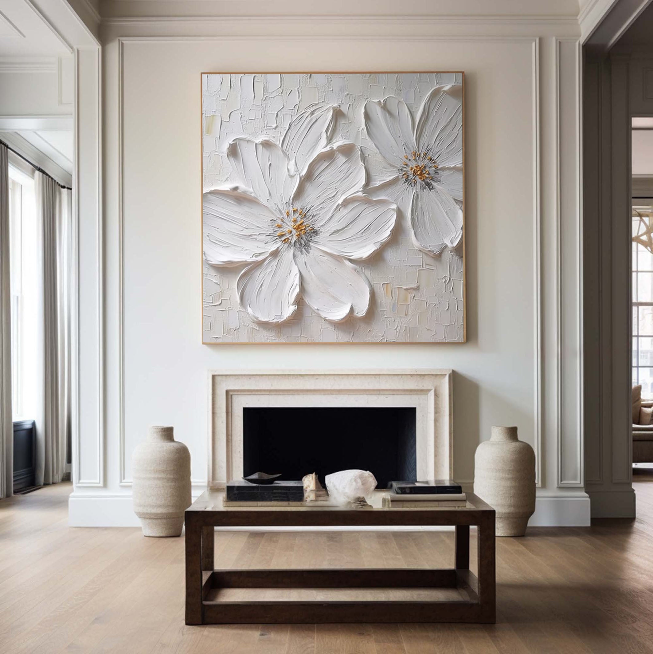 Minimalist White Flower Wall Art Textured Painting for Modern Homes #FT 018