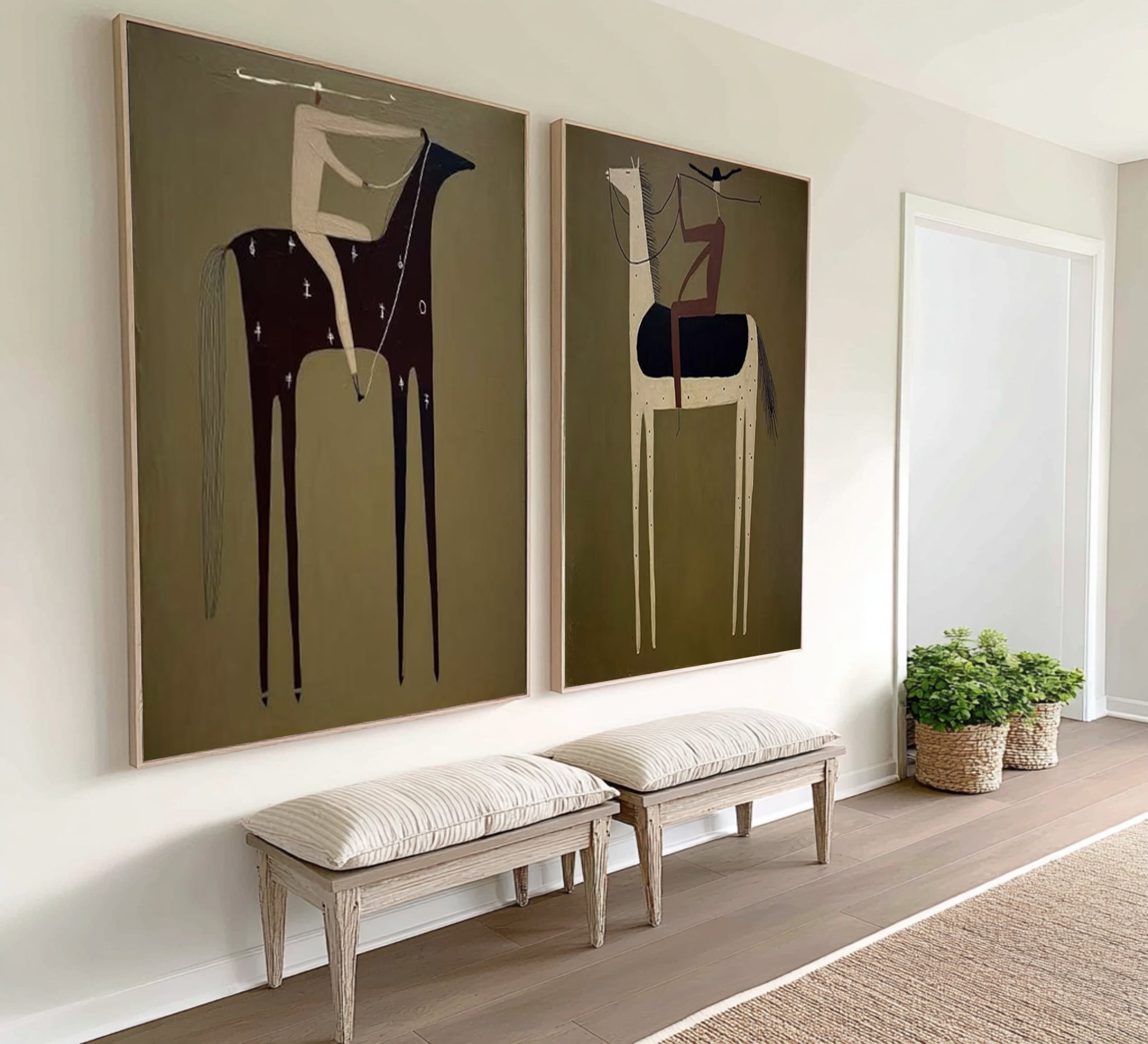 Large Olive Green Horse Wall Art Contemporary Equestrian Diptych | KeiraArt 
