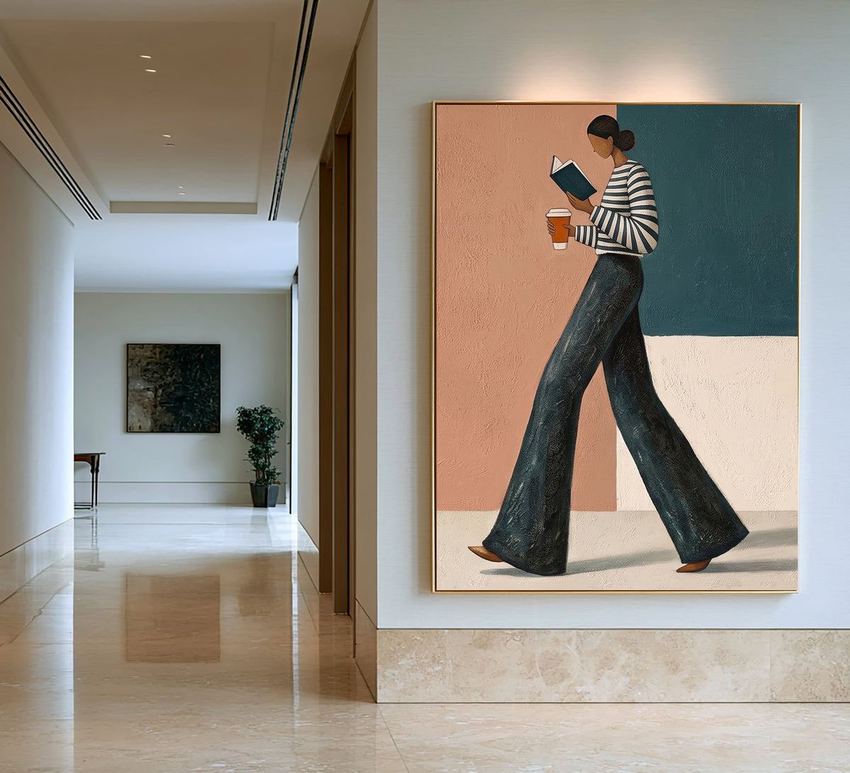 Contemporary Female Figure Painting Striped Shirt Coffee Wall Art