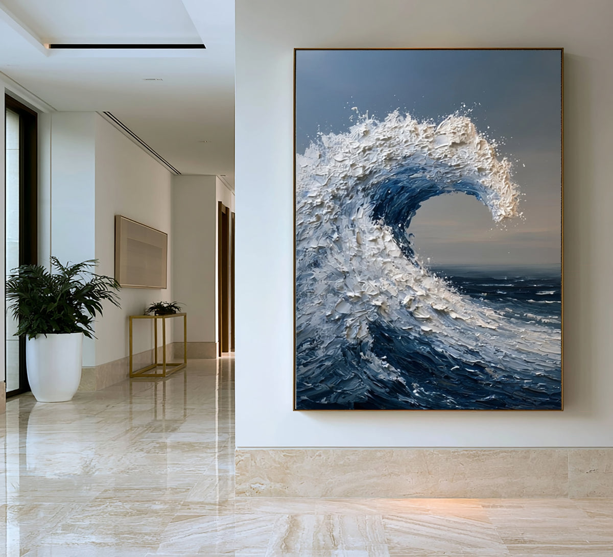Large Wave Wall Art Textured Oil Painting Ocean Storm Sea Foam Blue Abstract Coastal Artwork Modern Statement Decor