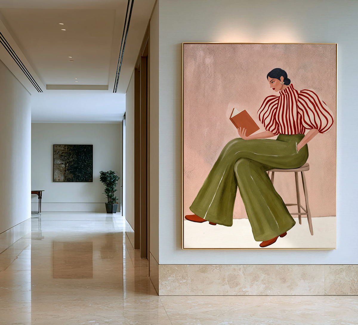 Large Textured Oil Painting Woman Reading Olive Green Trousers Fashion Wall Art