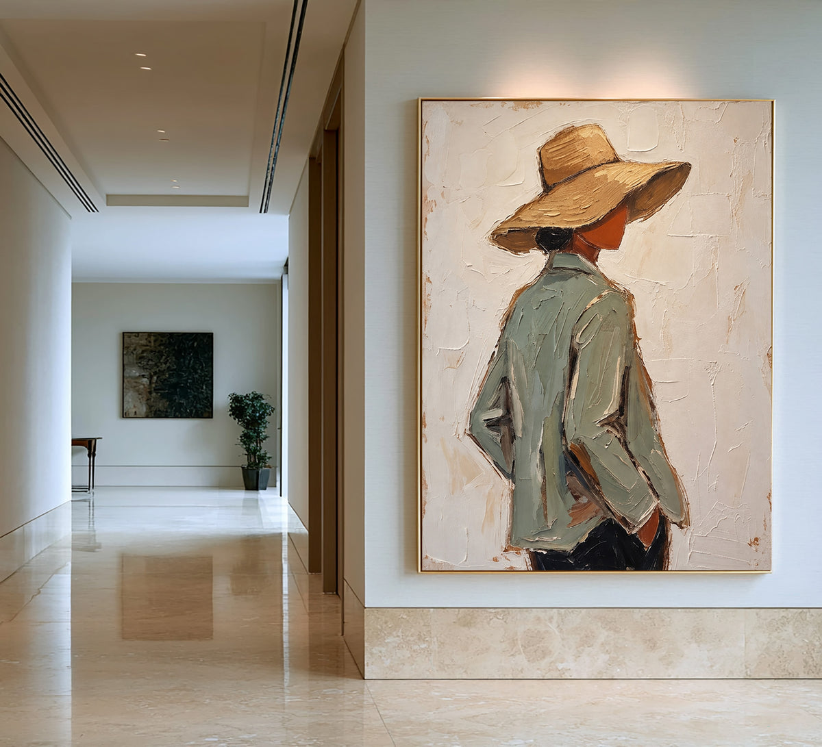 Large Textured Western Oil Painting Modern Cowboy Hat Portrait Wall Art