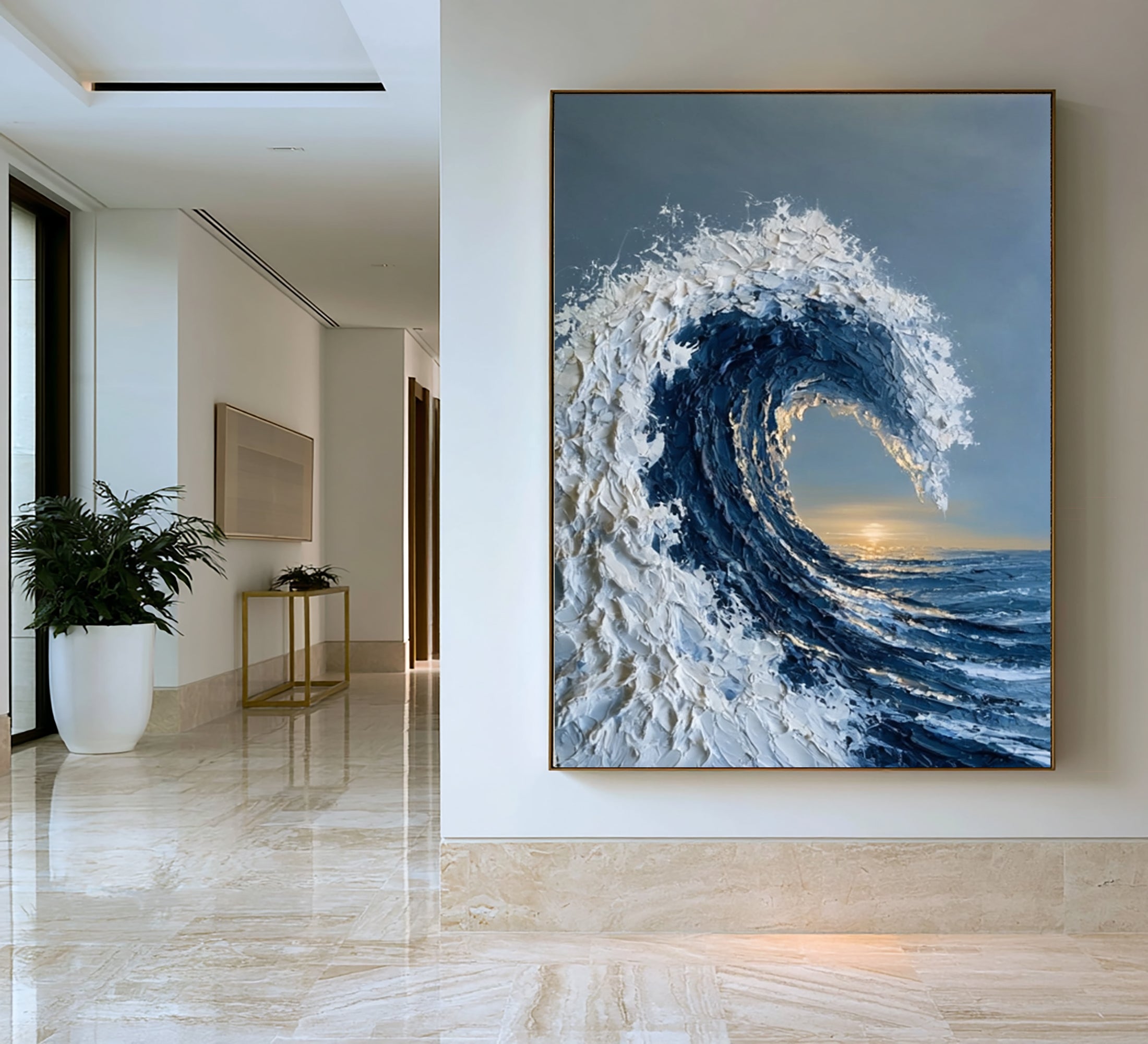 Large Textured Ocean Wave Wall Art Abstract Oil Painting Blue Sea Sunset Horizon Coastal Artwork Modern Home Interior Decor