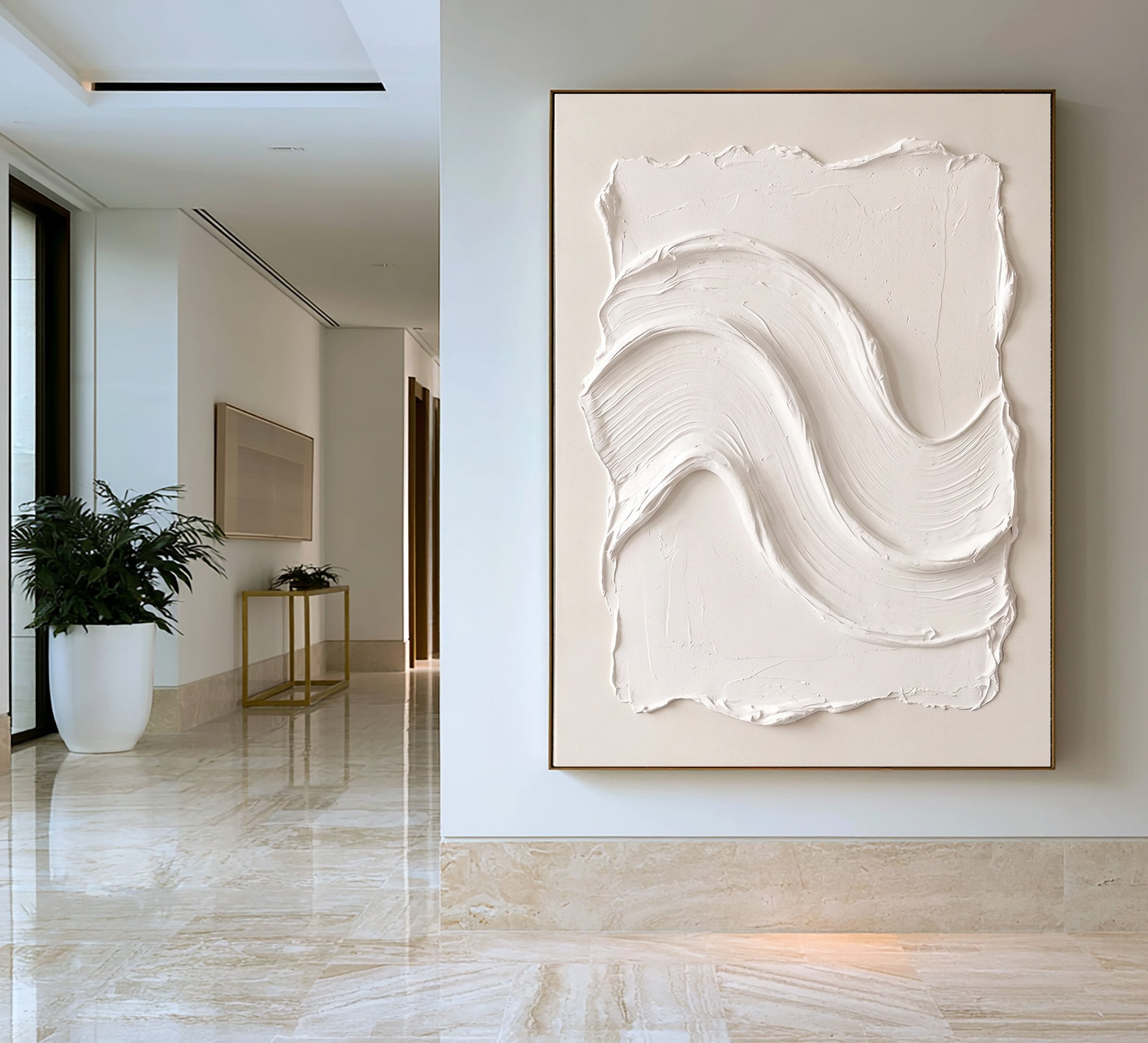 Large Minimalist White Wall Art Textured Oil Painting Abstract Wave Relief Artwork Modern Neutral Interior Decor