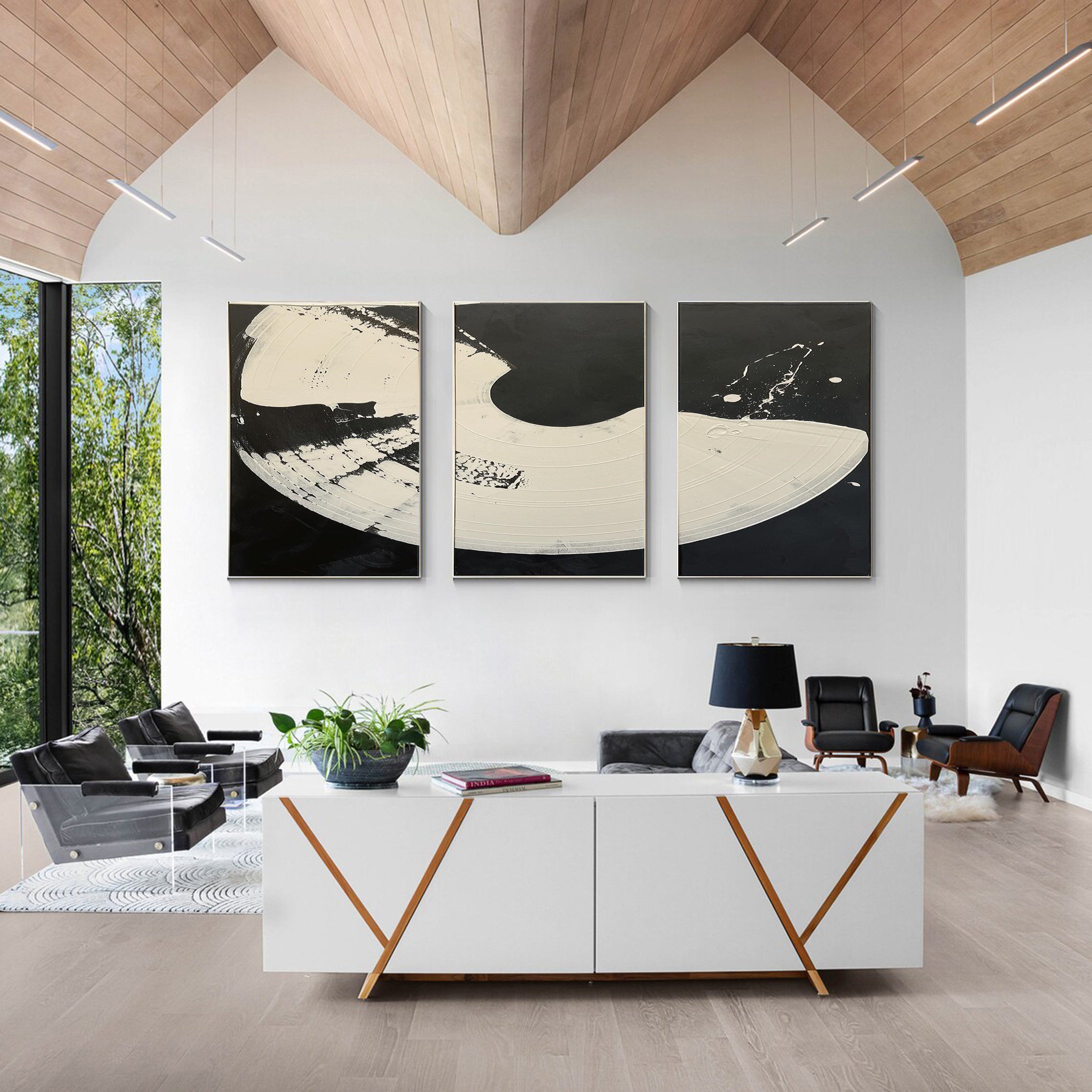 Lunar Phases Abstract Black and White Triptych Canvas Art #MMAS 064