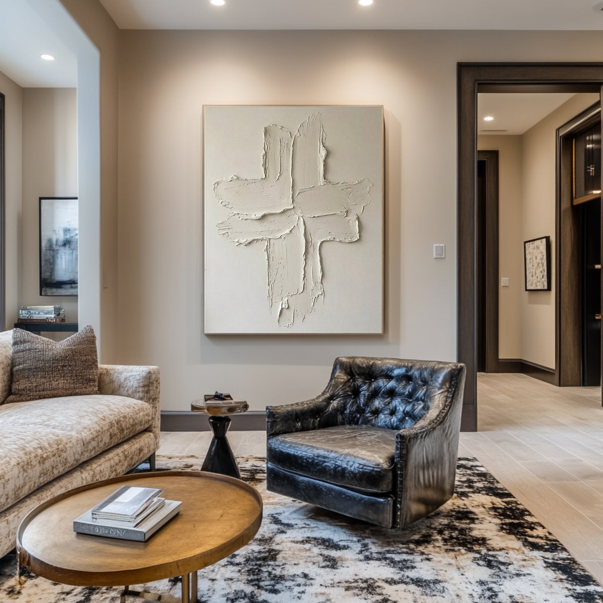 Large Contemporary Relief Painting with Abstract Cross Brush Texture