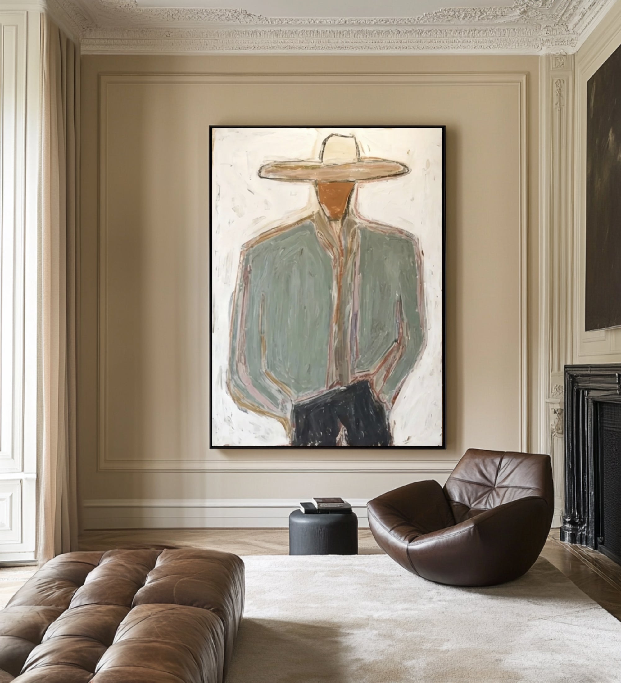 Contemporary Western Cowboy Portrait Painting Large Neutral Wall Decor