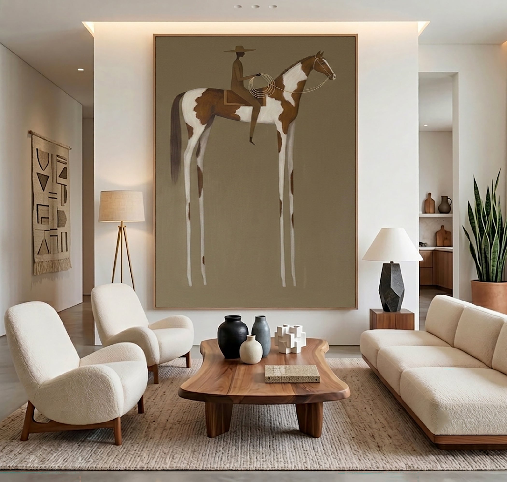 Large Vintage Americana Wall Art Cowboy Cowgirl Rider Horse Painting Western Landscape Abstract Oil Artwork Rustic Contemporary Interior Decor