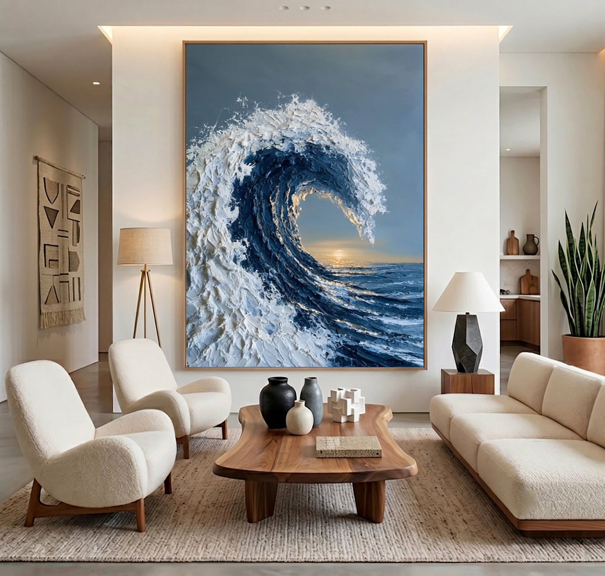Large Textured Ocean Wave Wall Art Abstract Oil Painting Blue Sea Sunset Horizon Coastal Artwork Modern Home Interior Decor