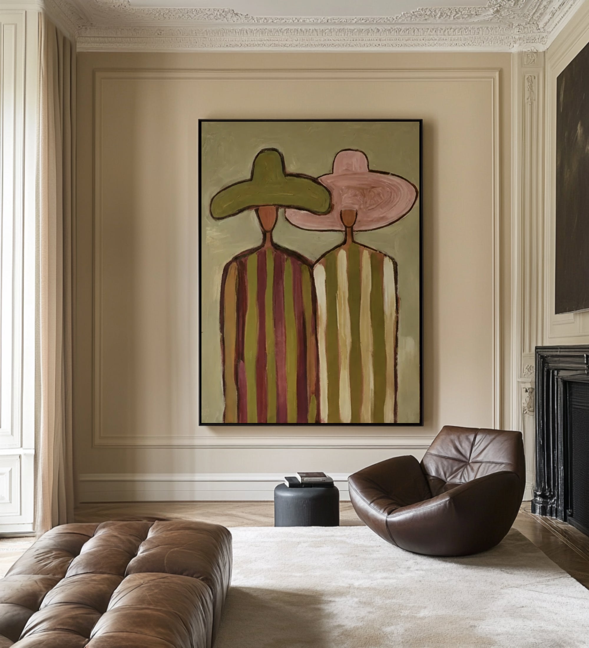 Oversized Minimalist Cowboy Couple Canvas Art Contemporary Neutral Painting