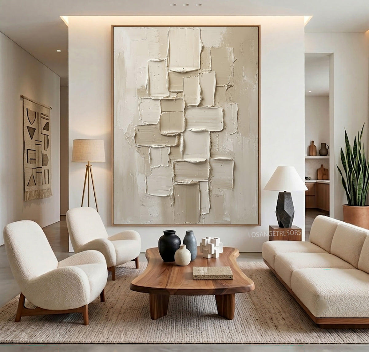 Large Modern Geometric Block Wall Art Ivory Cream Textured Relief Abstract Painting Contemporary Interior Decor