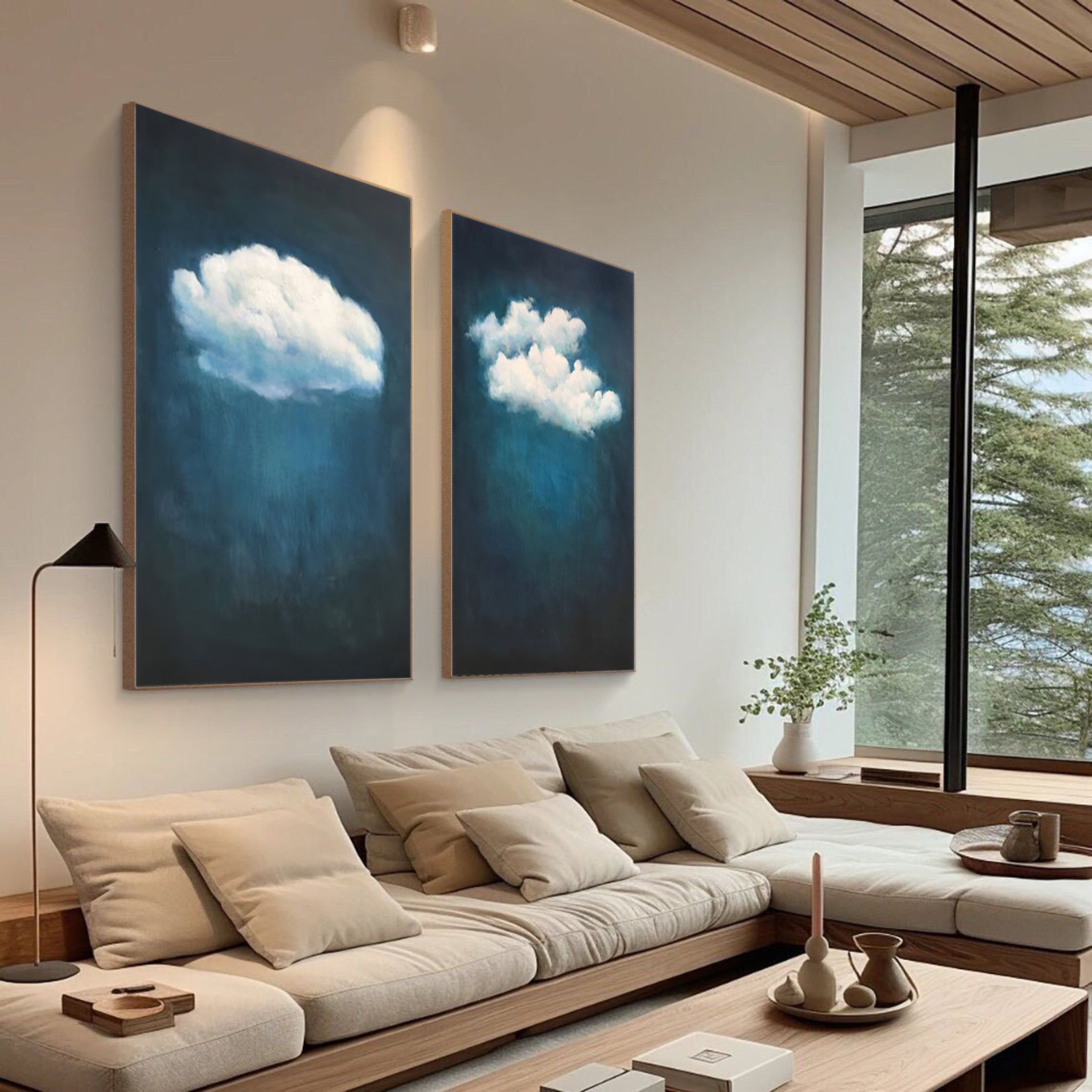 Teal Tranquility Cloud Paintings for Modern Home Decor Set Of 2 #OS 072