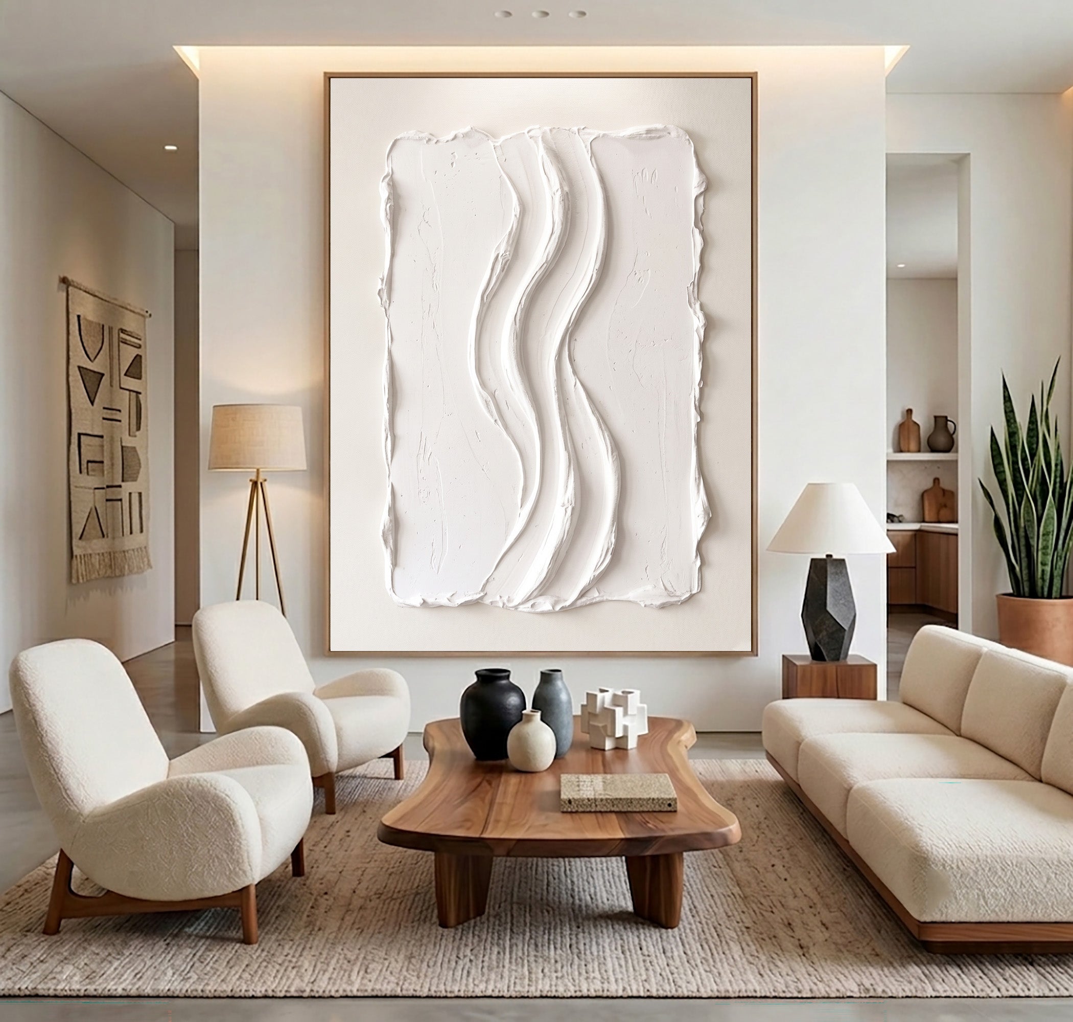 Large Abstract White Wall Art Textured Oil Painting Organic Sculpture Minimalist Neutral Modern Luxury Home Decor