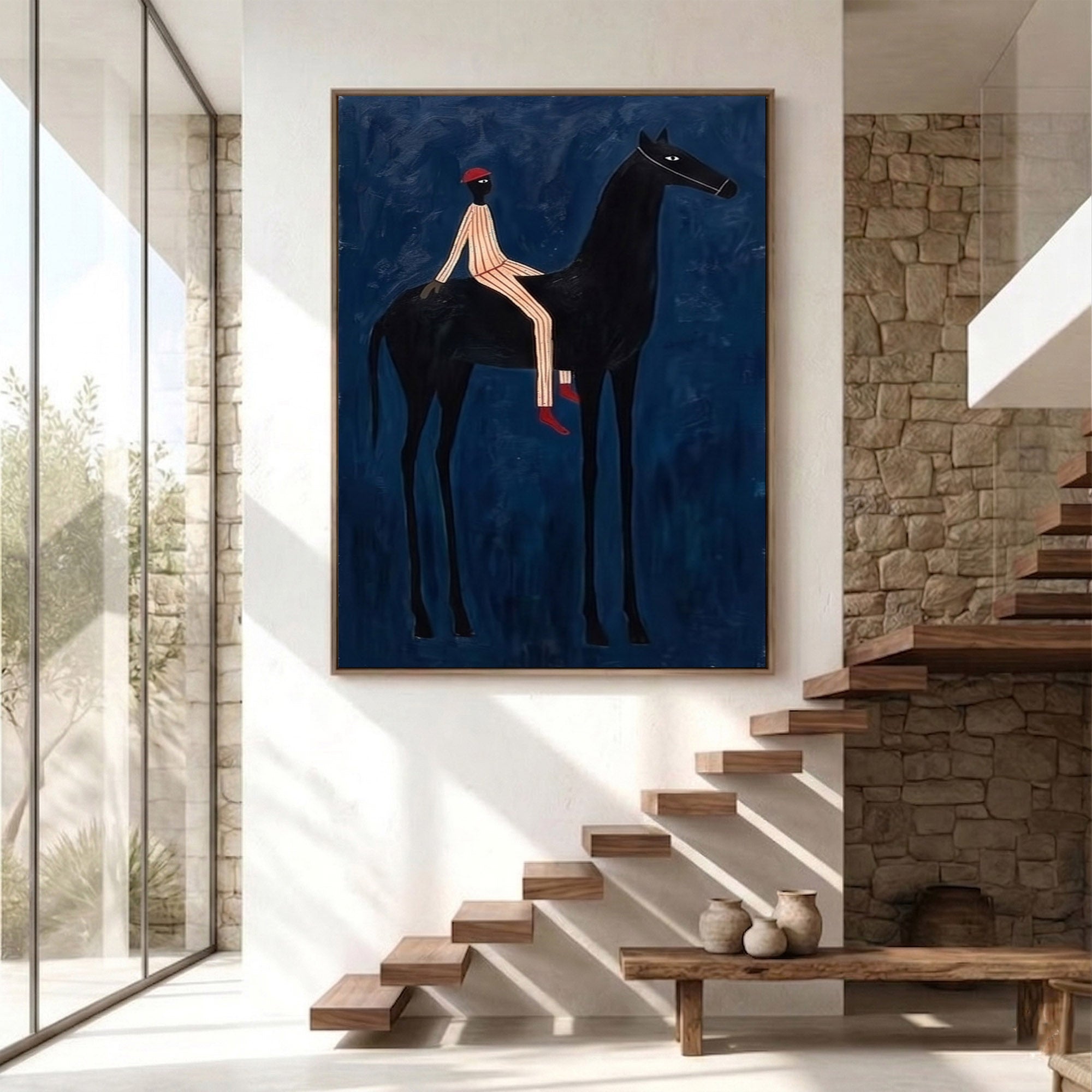 Large Midnight Cowboy Wall Art Modern Equestrian Painting