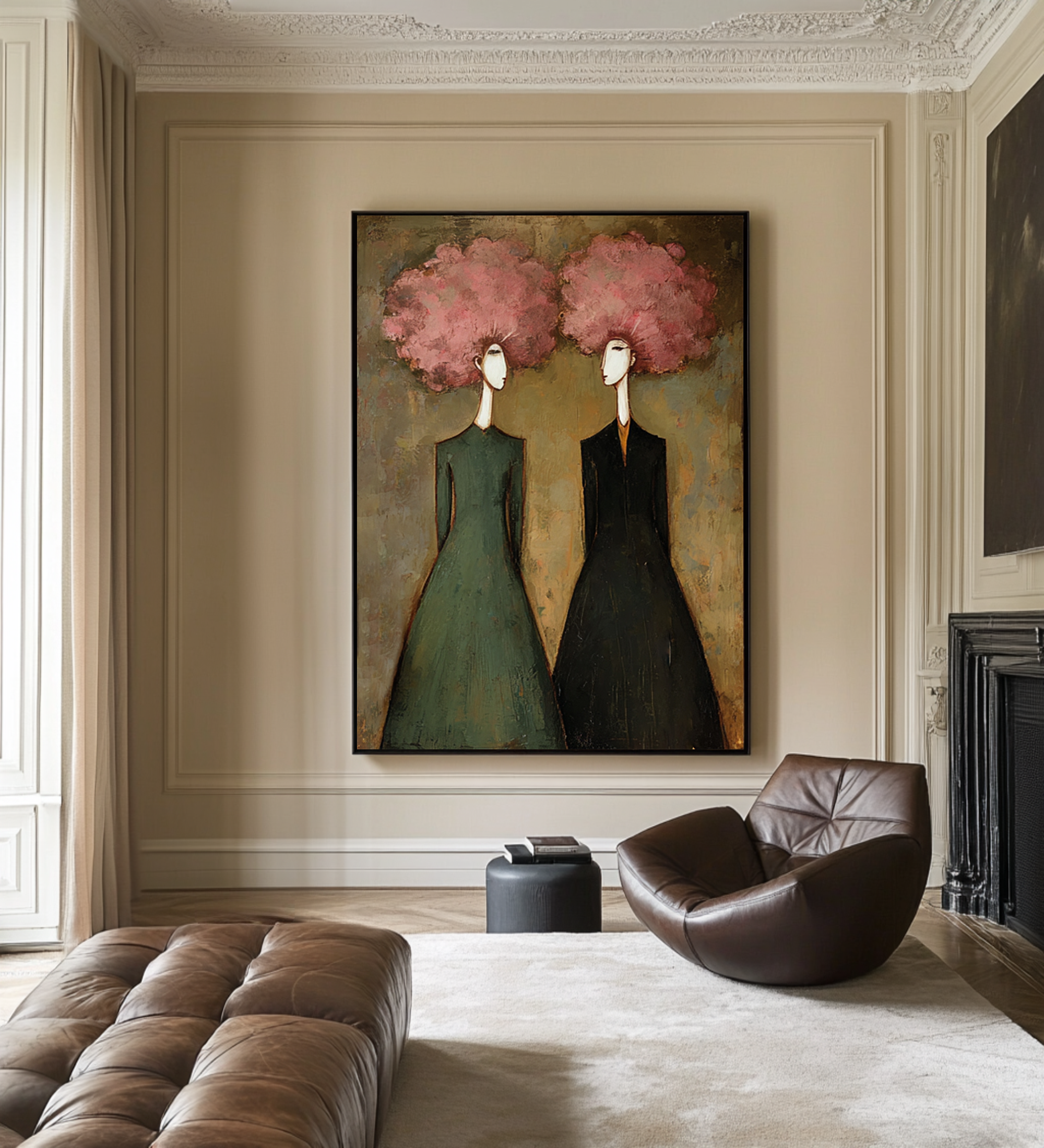 Elegant Figurative Oil Painting in Green and Pink #CZ 050