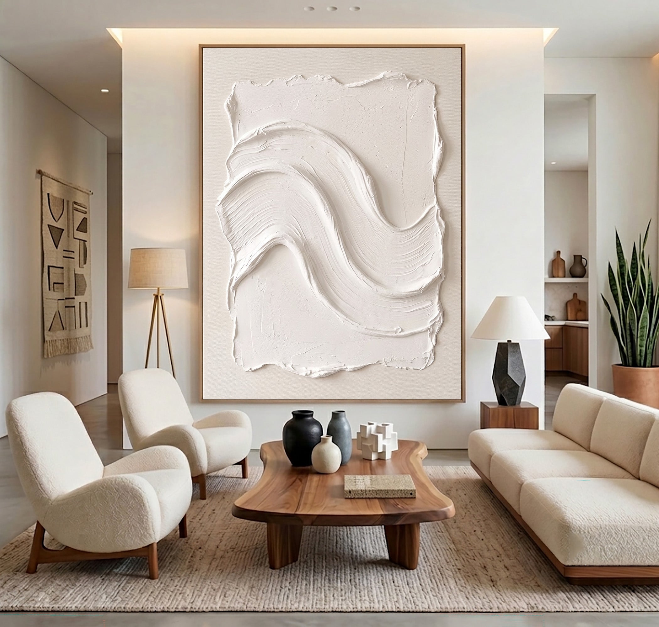 Large Minimalist White Wall Art Textured Oil Painting Abstract Wave Relief Artwork Modern Neutral Interior Decor
