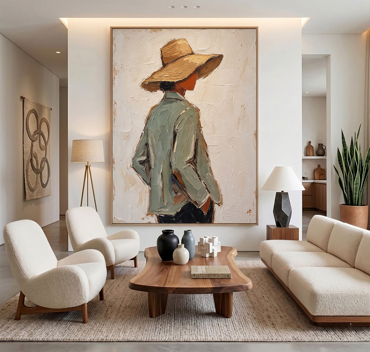 Large Textured Western Oil Painting Modern Cowboy Hat Portrait Wall Art