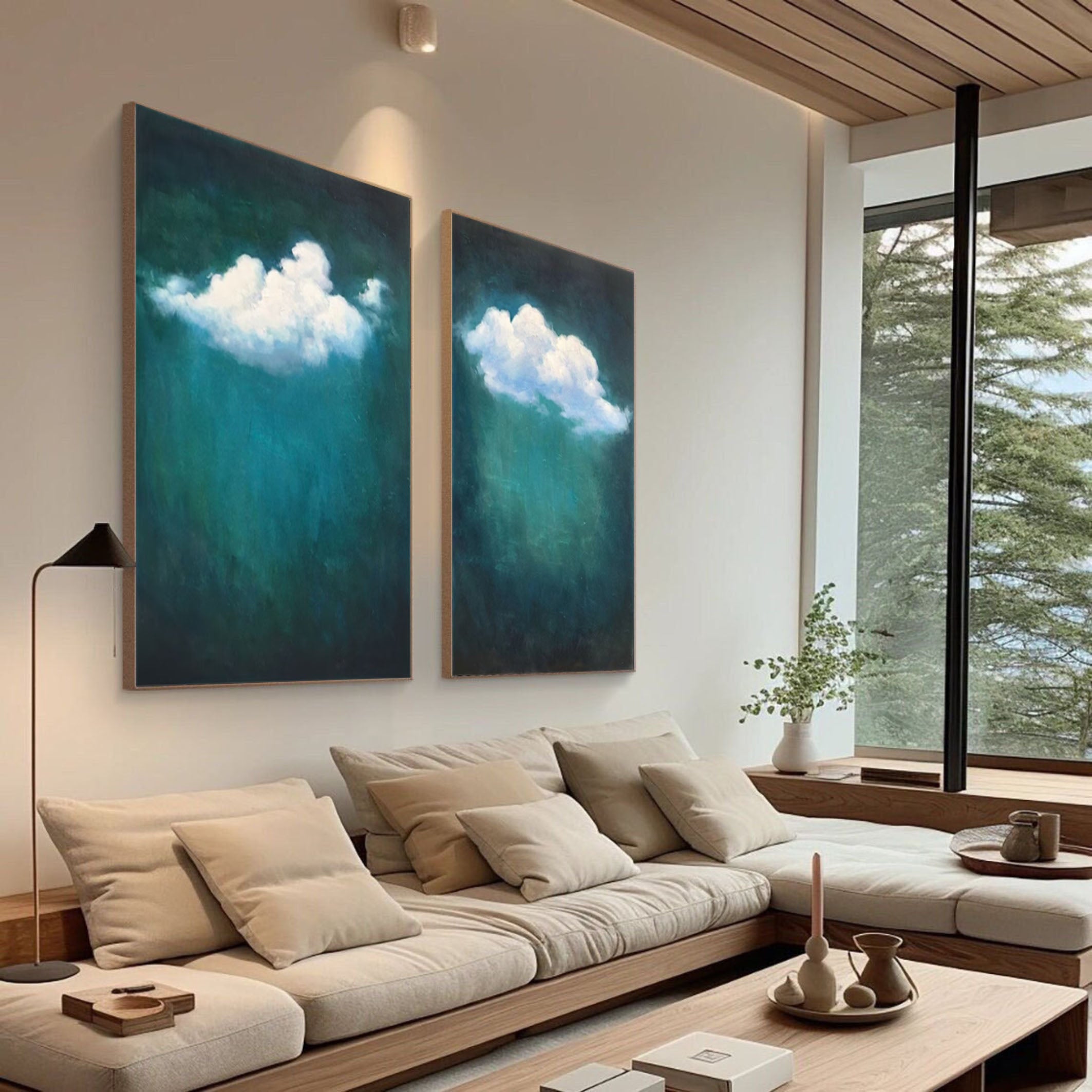 Teal Tranquility Cloud Paintings for Modern Home Decor Set Of 2 #OS 059