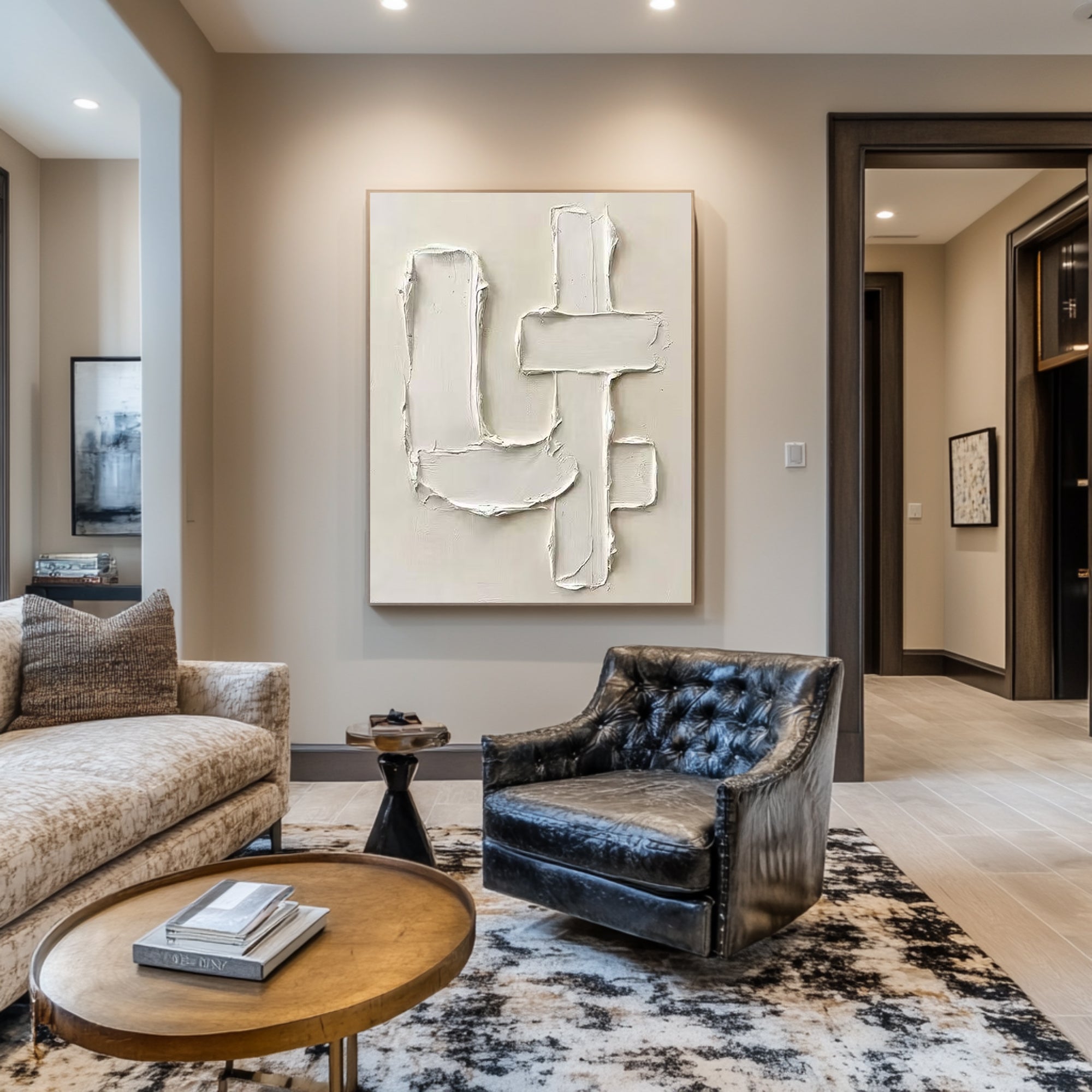 Large Contemporary Abstract Texture Painting in Soft Ivory and Beige