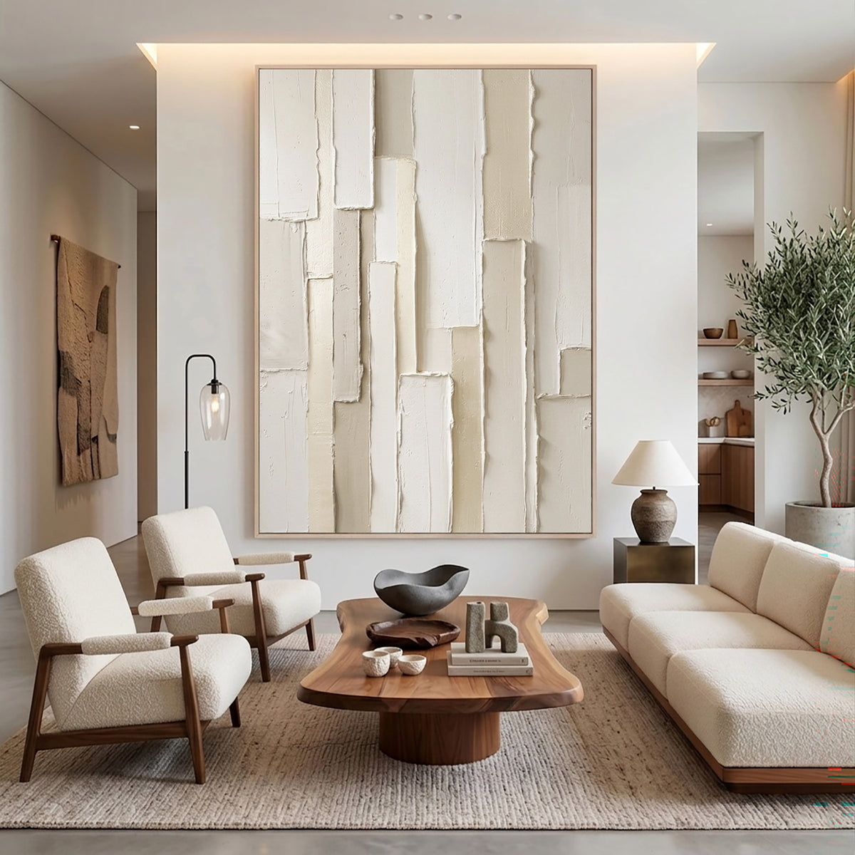 Large Organic Architectural Abstract Texture Wall Art Ivory Beige Vertical Geometric Relief Oil Painting Contemporary Japandi Home Decor