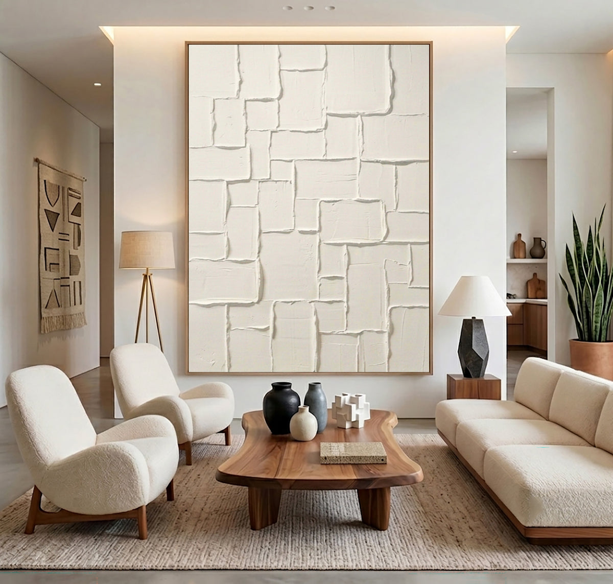 Large Architectural Block Relief Wall Art Ivory White Textured Abstract Painting Contemporary Interior Decor