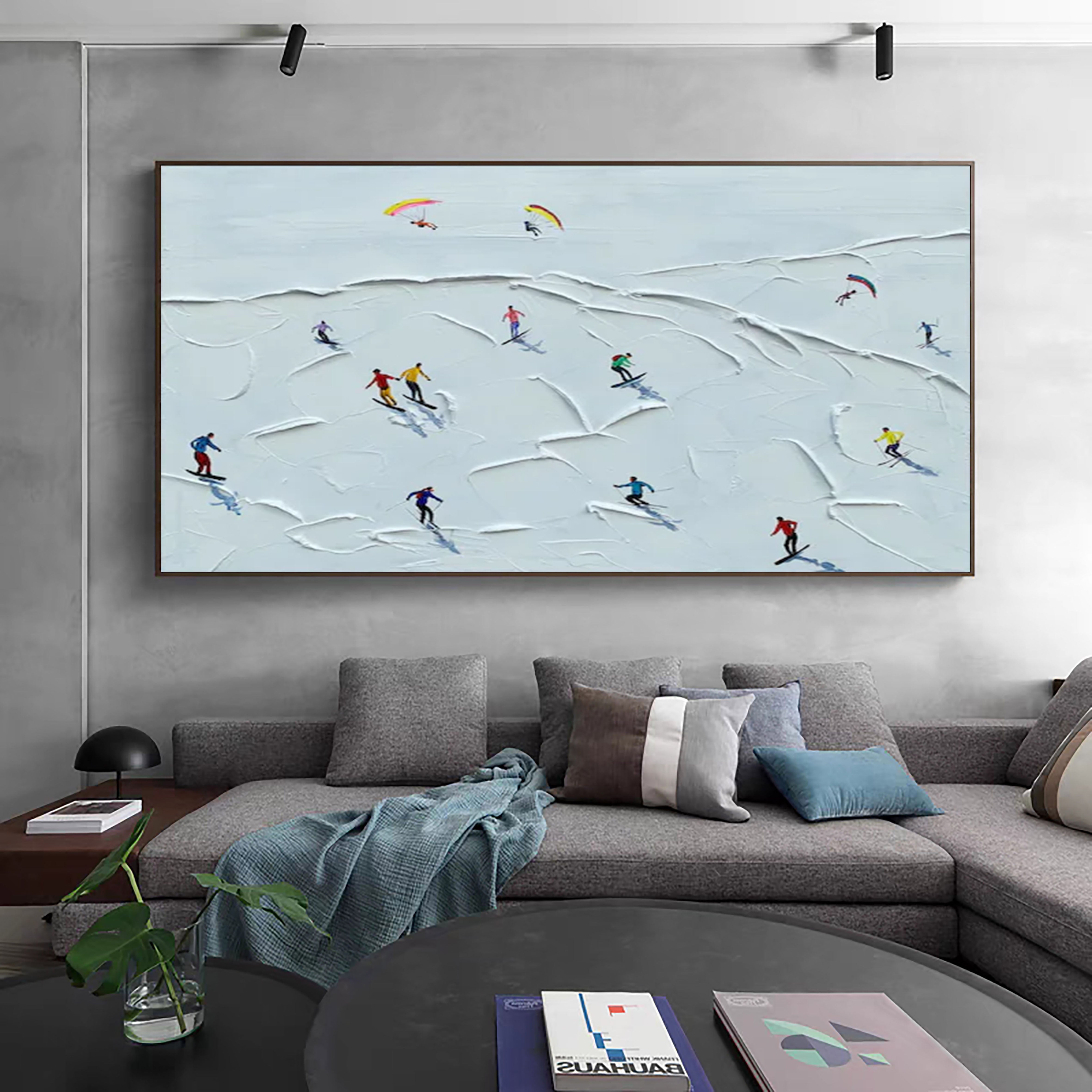 Winter Skiing Scene Wall Art Textured Canvas for Modern Home Decor #ASP 012