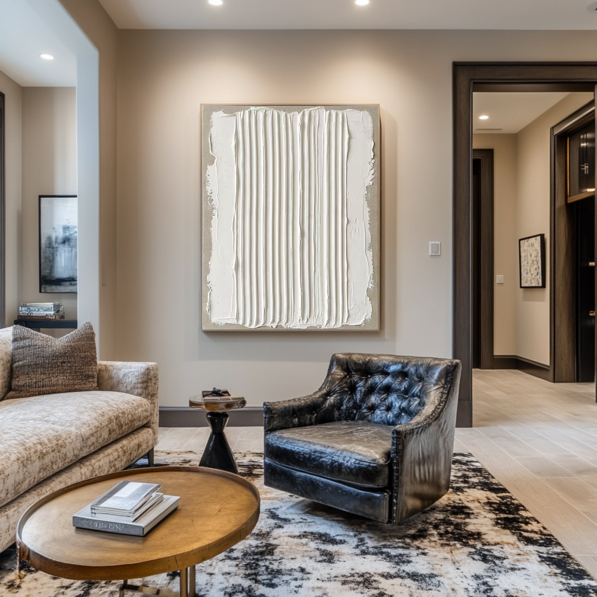 Large Neutral Oil Painting with Vertical Plaster Texture for Contemporary Interiors