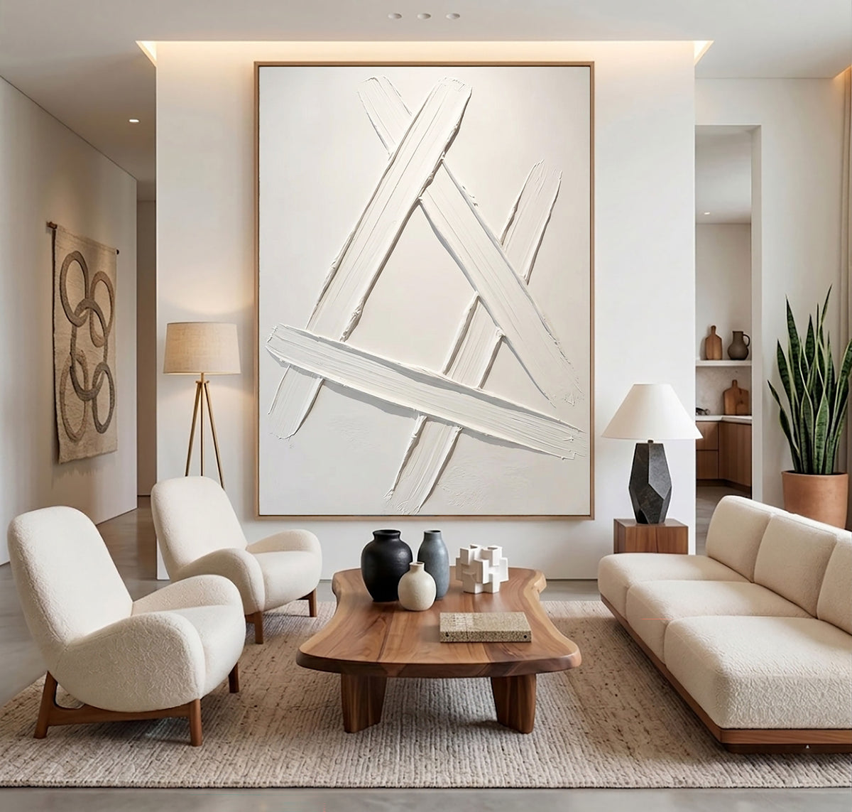 Architectural Lines Sculptural White Abstract Artwork Handmade Textured Geometric Painting Contemporary Wall Decor