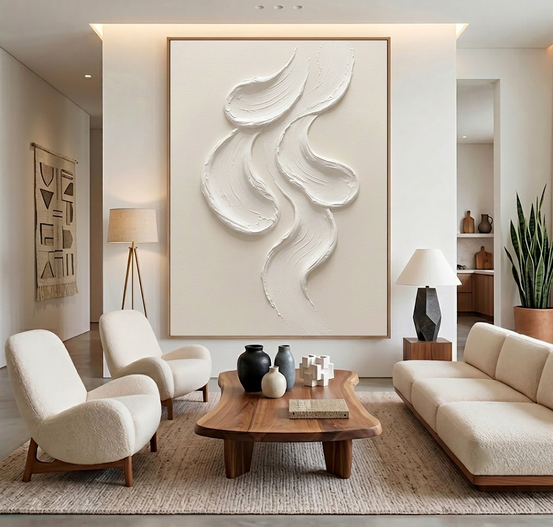 Large Textured White Wall Art Abstract Oil Painting Minimalist Sculptural Relief Artwork Neutral Modern Luxury Home Decor