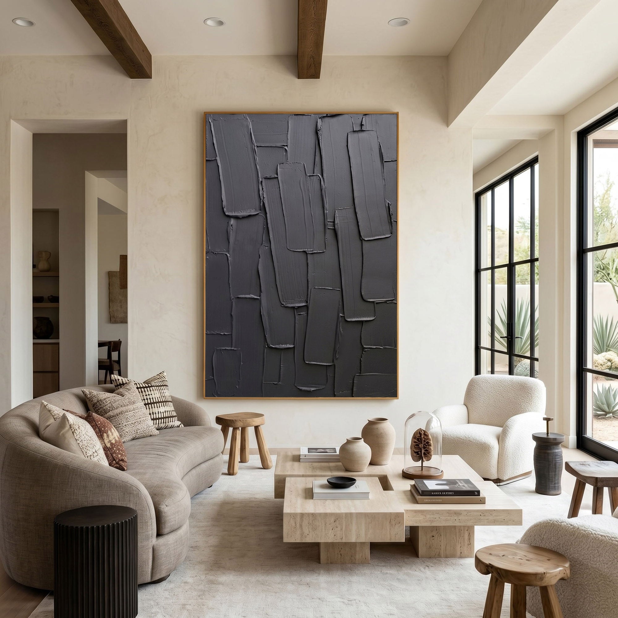 Large Charcoal Textured Wall Art Abstract Oil Painting Modern Impasto Minimalist Luxury Interior Decor