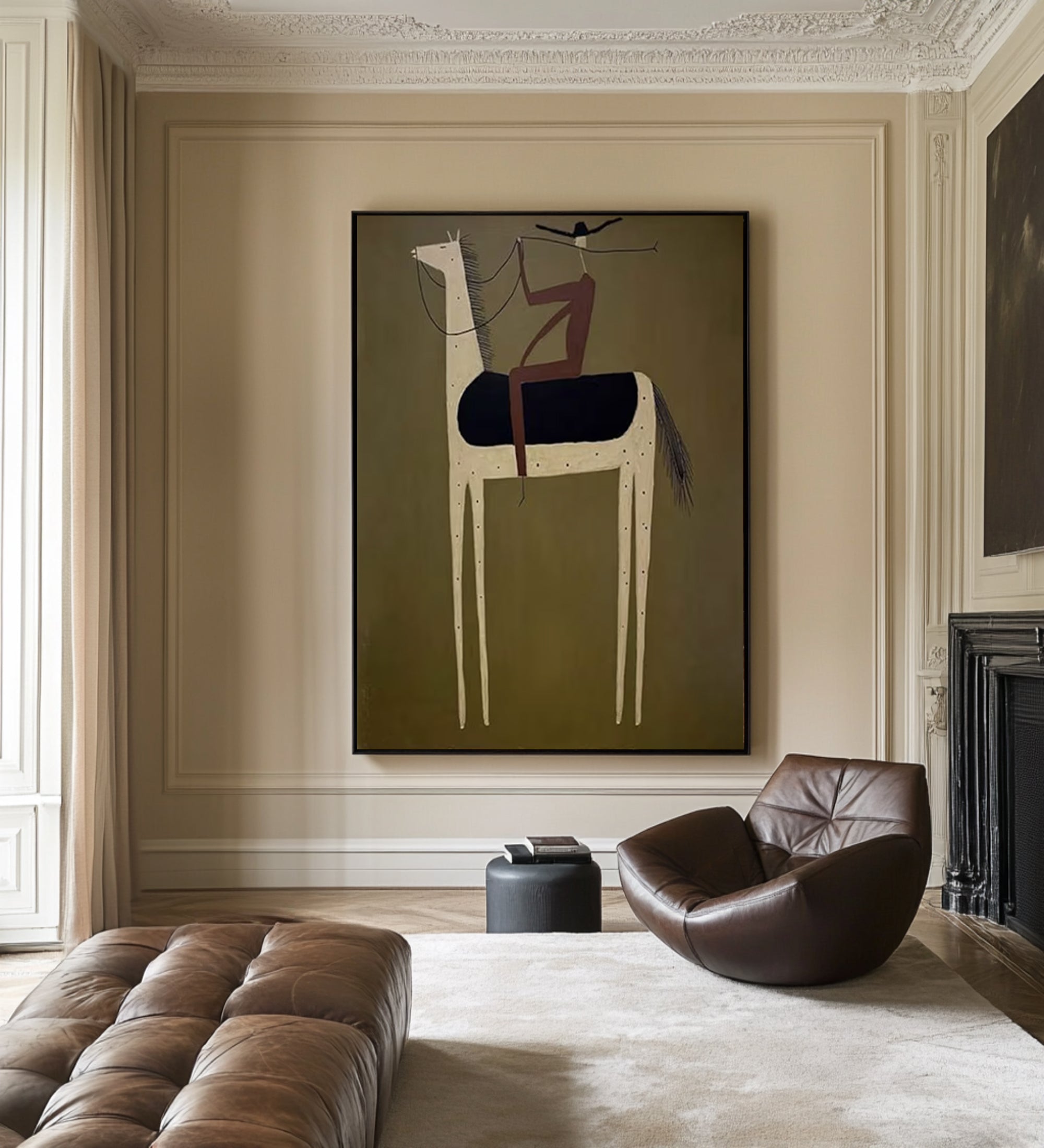 Oversized Olive Green Cowboy Horse Painting Modern Figurative Canvas Art