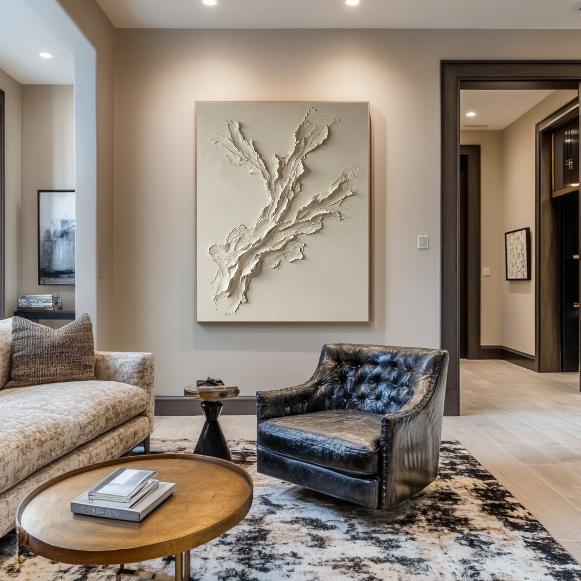 Large Abstract Neutral Oil Painting with Sculptural Branch Texture Design
