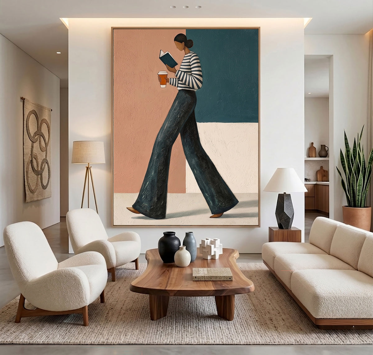 Contemporary Female Figure Painting Striped Shirt Coffee Wall Art