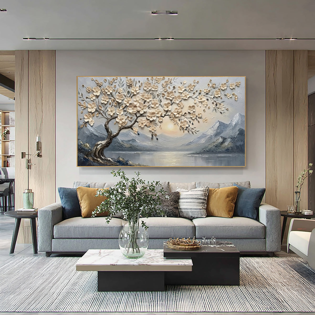 Large Textured Blossom Tree Painting Peaceful Mountain Lake Wall Art