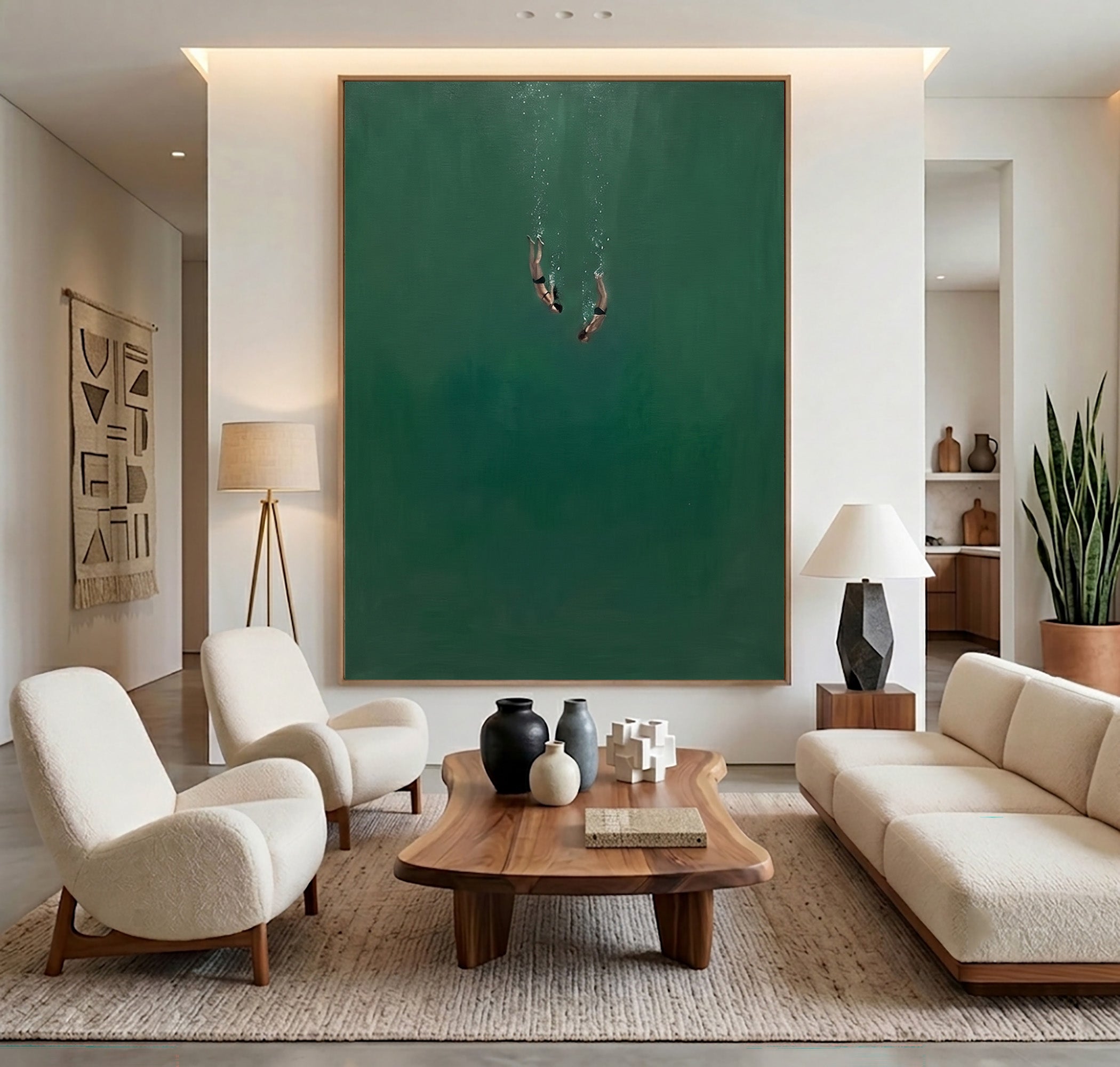 Large Contemporary Ocean Wall Art Minimalist Underwater Divers Oil Painting