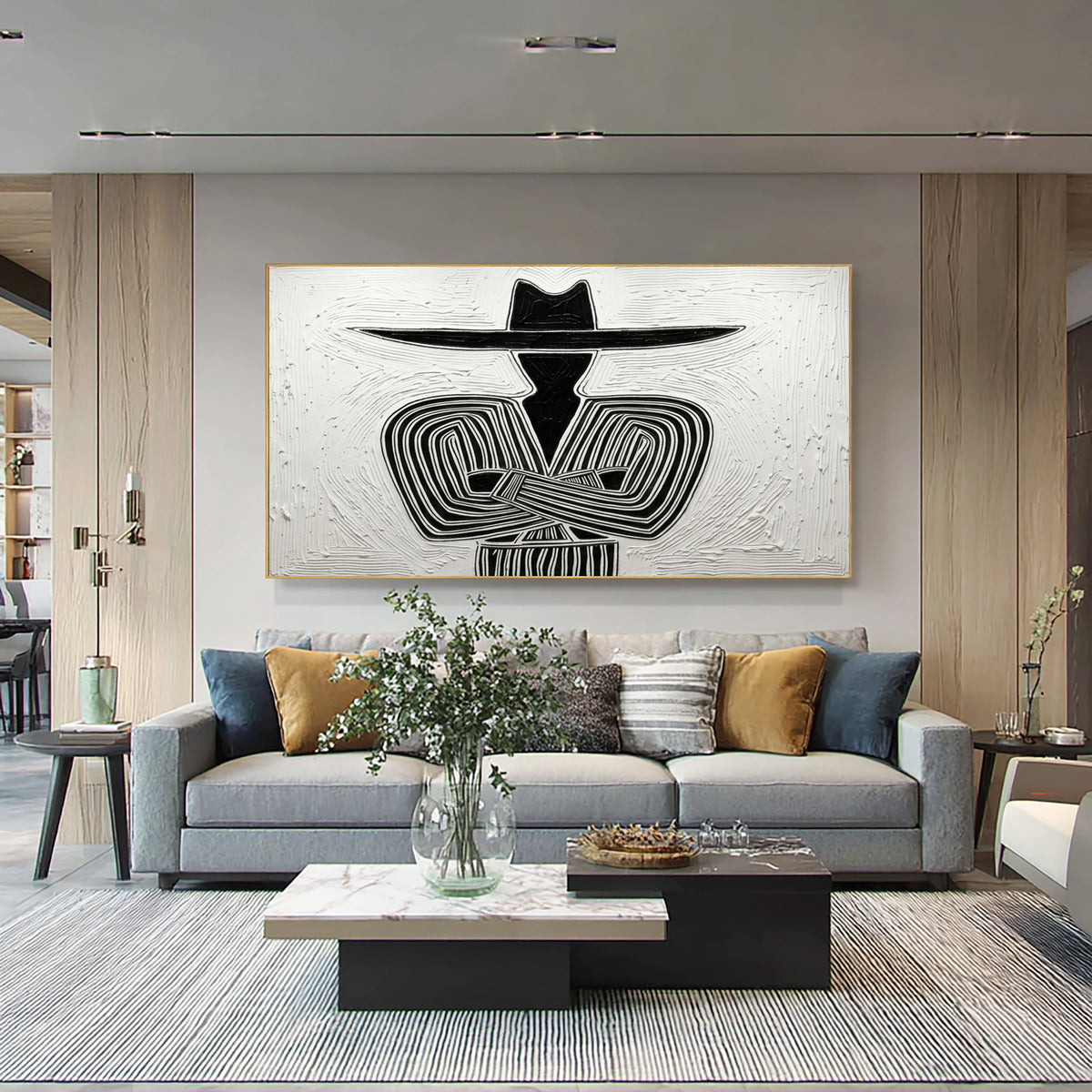 Large Textured Western Cowboy Painting Black White Rustic Wall Art