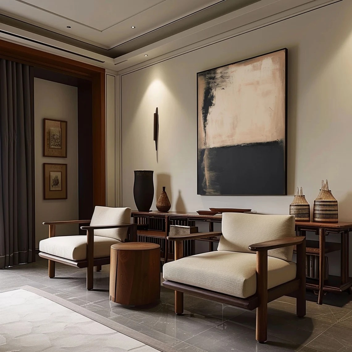 Minimalist Beige & Black Abstract - Large Canvas Art #AP 117