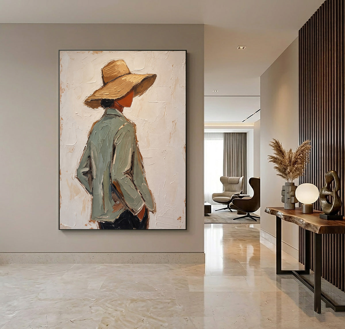 Large Textured Western Oil Painting Modern Cowboy Hat Portrait Wall Art