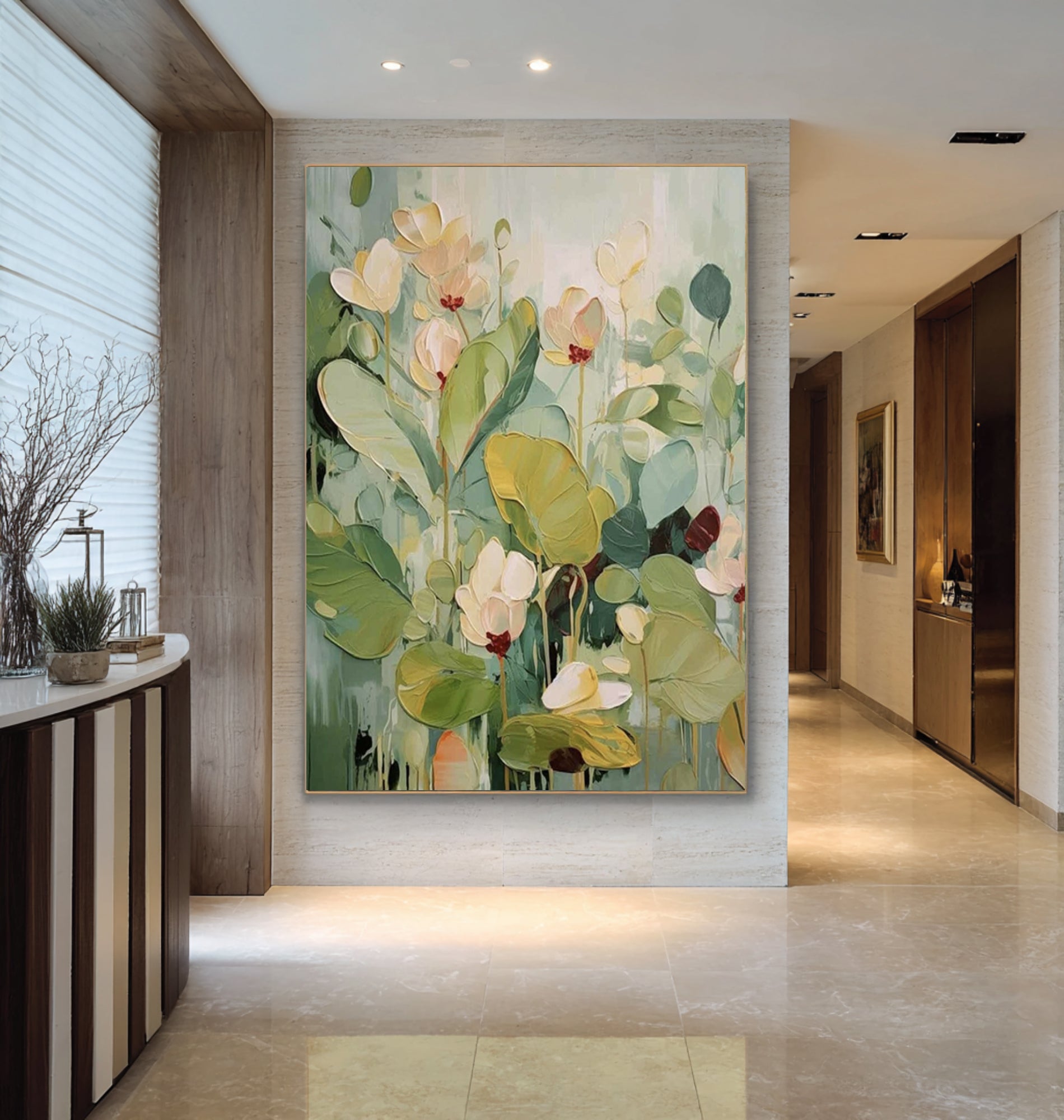 Oversized Green Botanical Canvas Art Contemporary Floral Painting