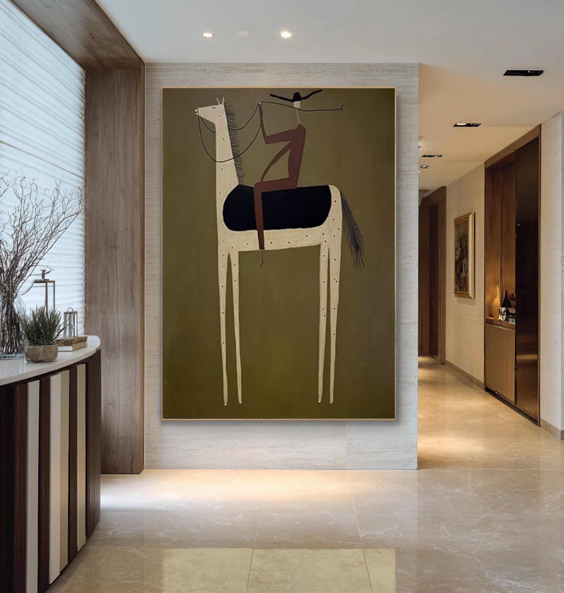 Oversized Olive Green Cowboy Horse Painting Modern Figurative Canvas Art