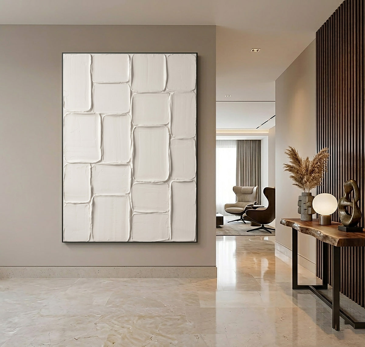 Quiet Mosaic Large White Textured Abstract Wall Art Modular Sculptural Relief Contemporary Minimalist Decor