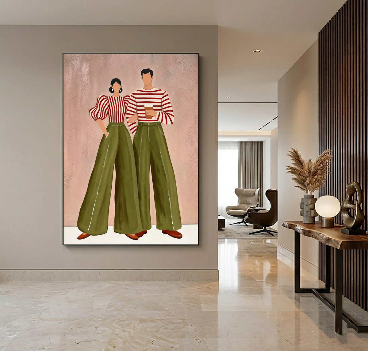 Olive Green Blush Pink Couple Painting Modern Wall Art