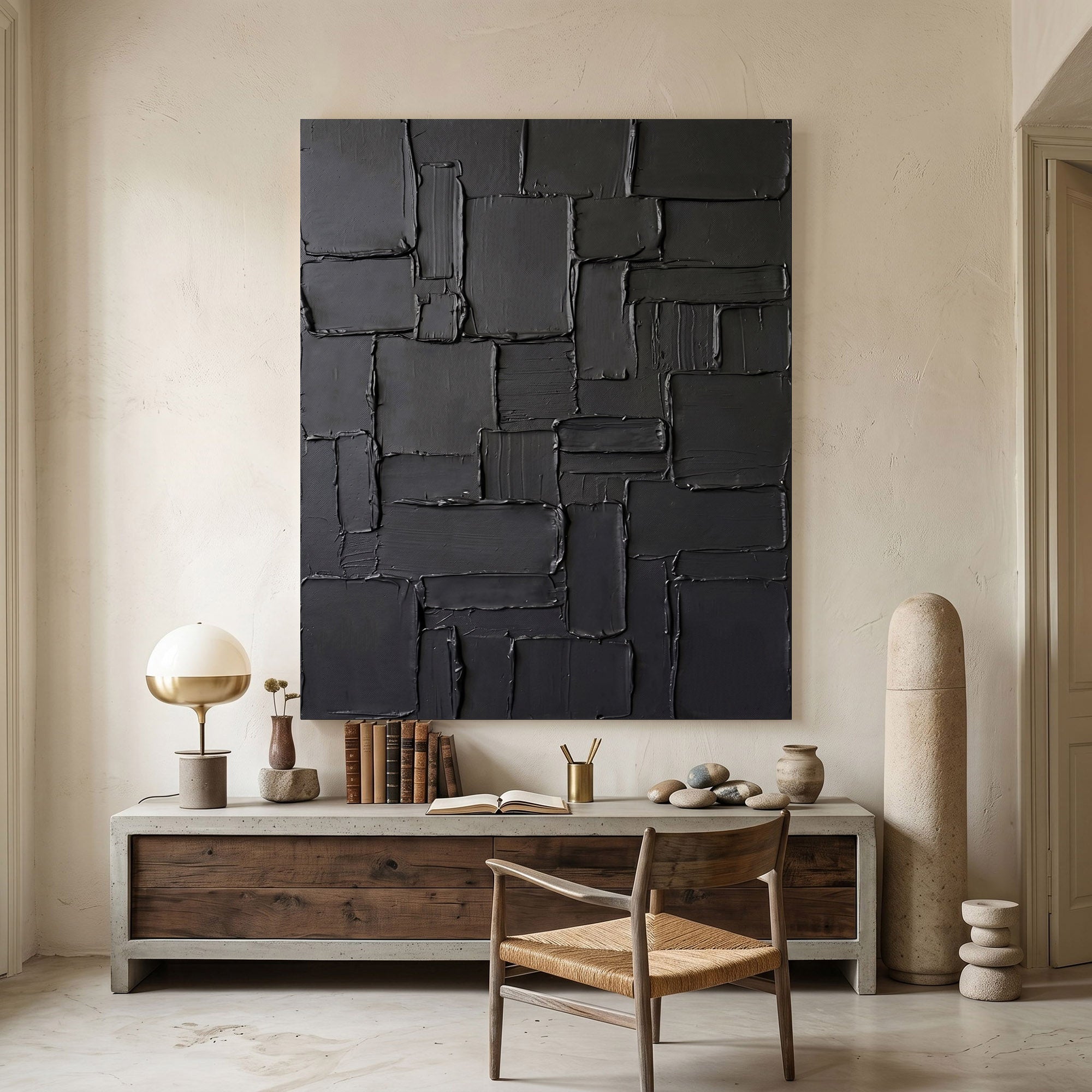 Large Black Abstract Wall Art Geometric Textured Oil Painting Modern Impasto Contemporary Interior Decor