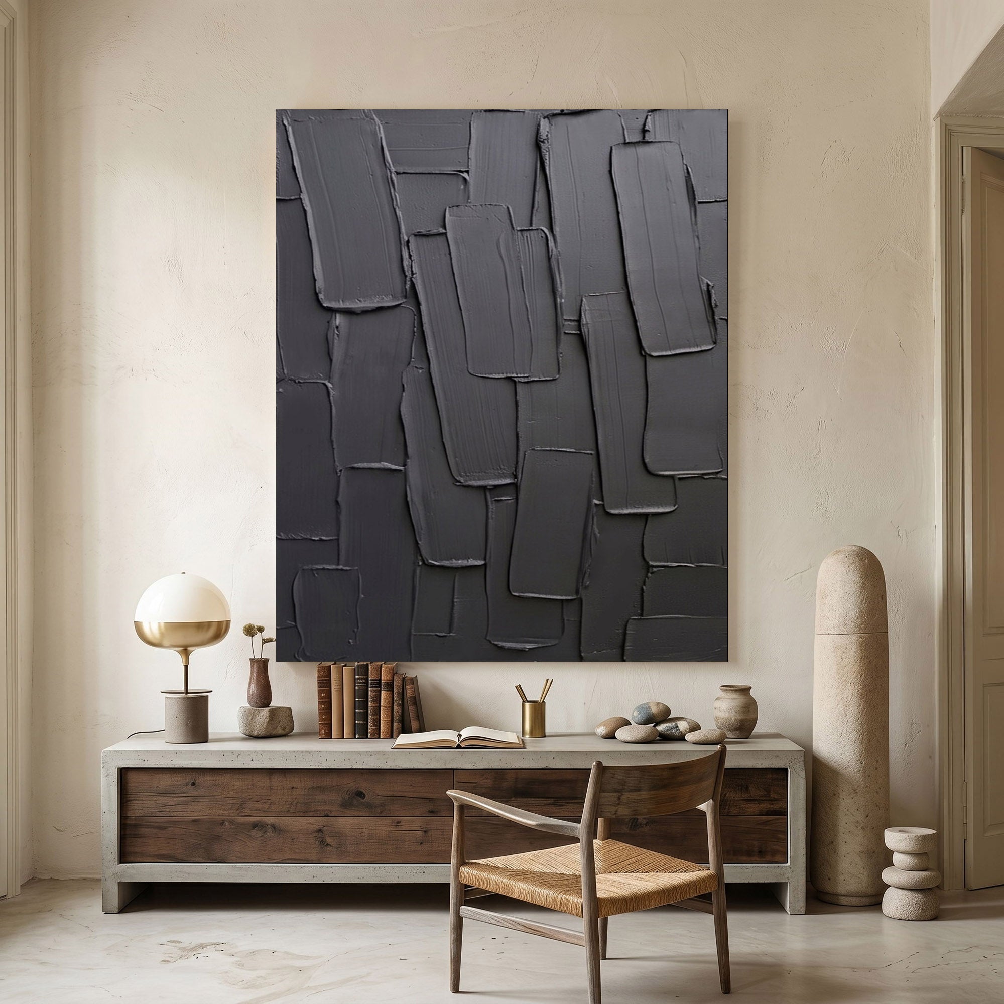 Large Charcoal Textured Wall Art Abstract Oil Painting Modern Impasto Minimalist Luxury Interior Decor